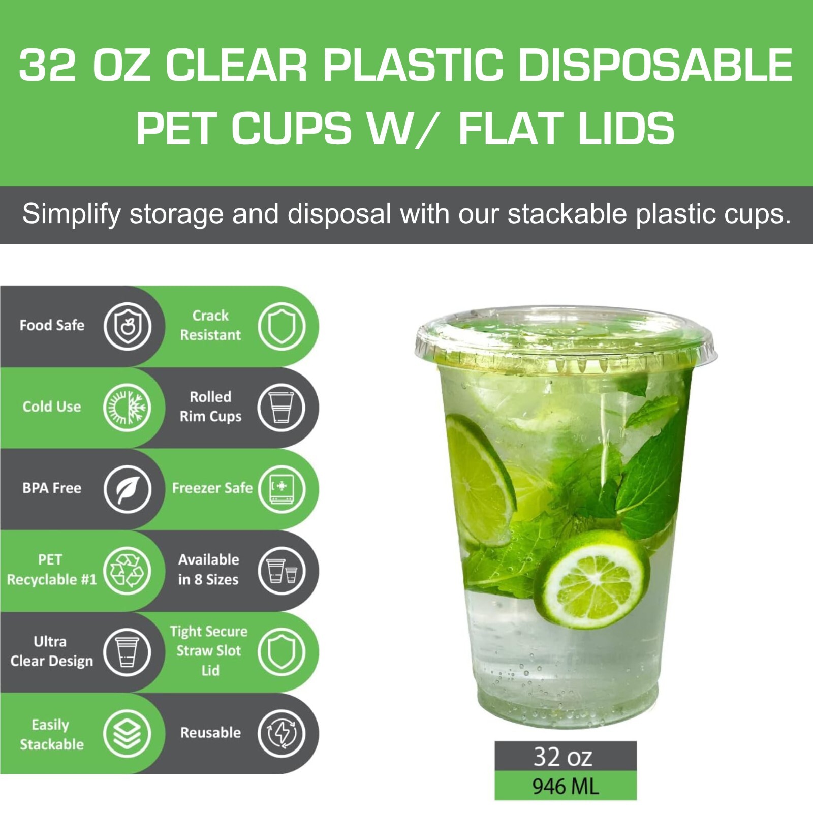32 oz Crystal Clear PET Disposable Cups with Flat Lids – Ideal for Take-Out