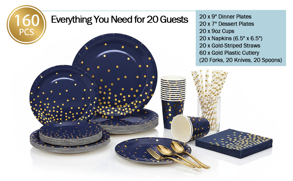 160PCS Disposable Cutlery Set for 20 Guests Blue and Gold Party Cutlery Set