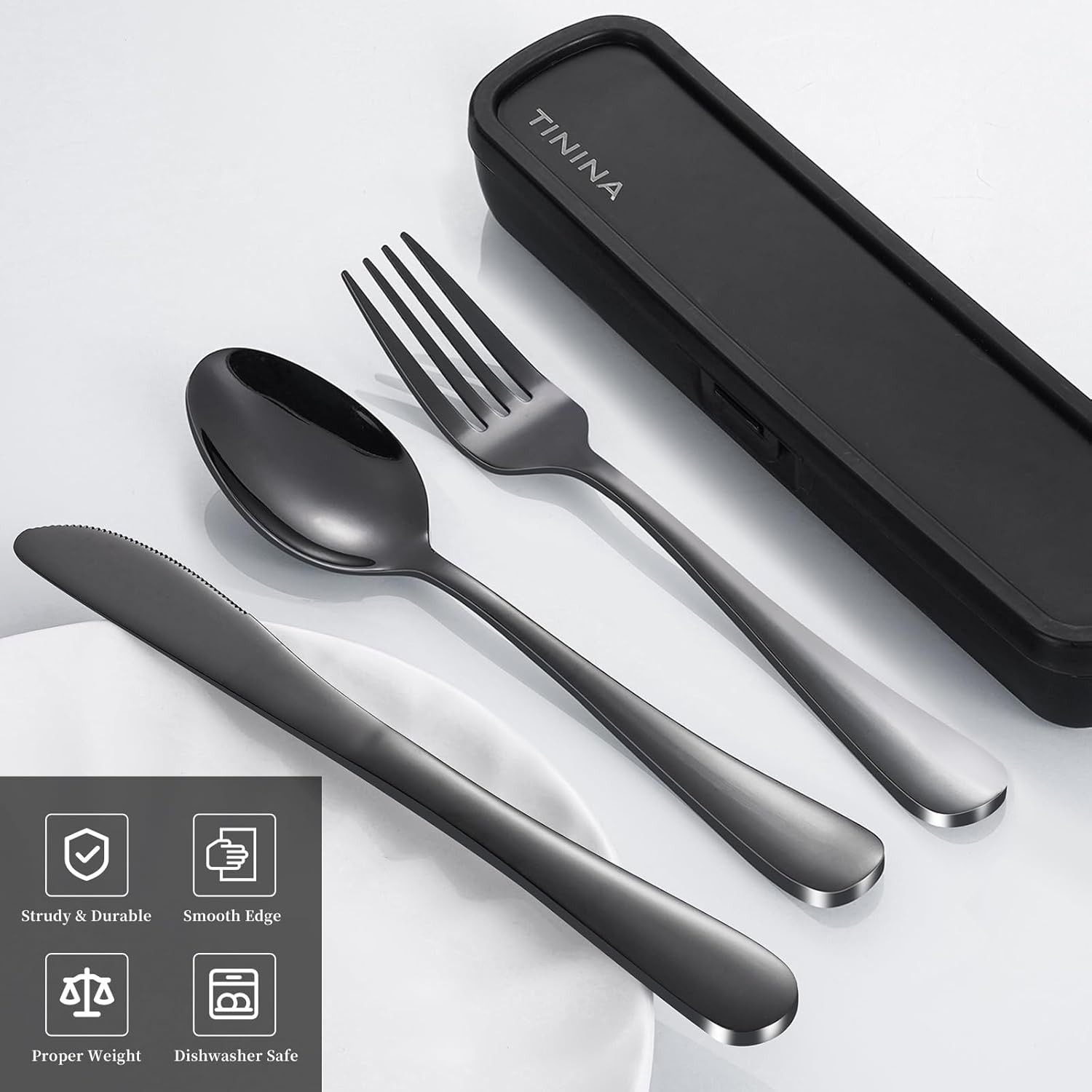 Travel Utensils with Case, 4-Piece Stainless Steel Portable Cutlery Set,