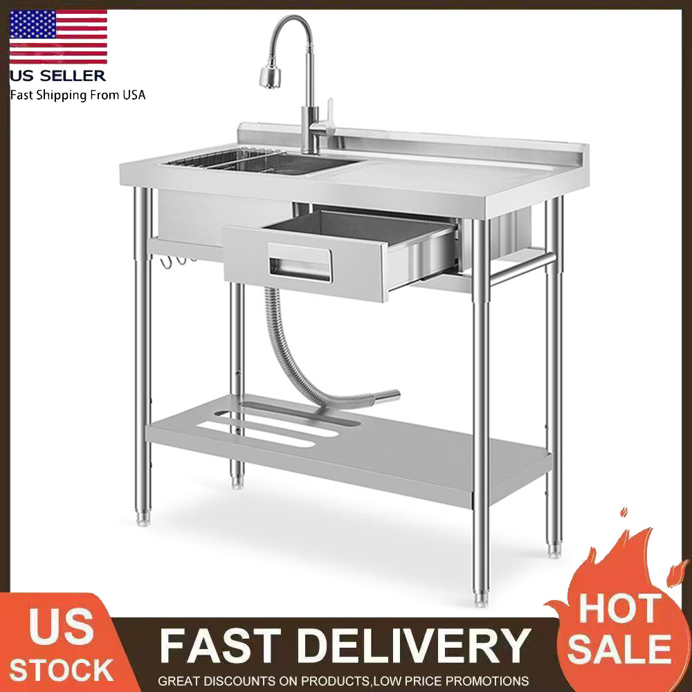 39.4×19.7×38.6» Stainless Steel Commercial Utility Sink Single Bowl with Drawer
