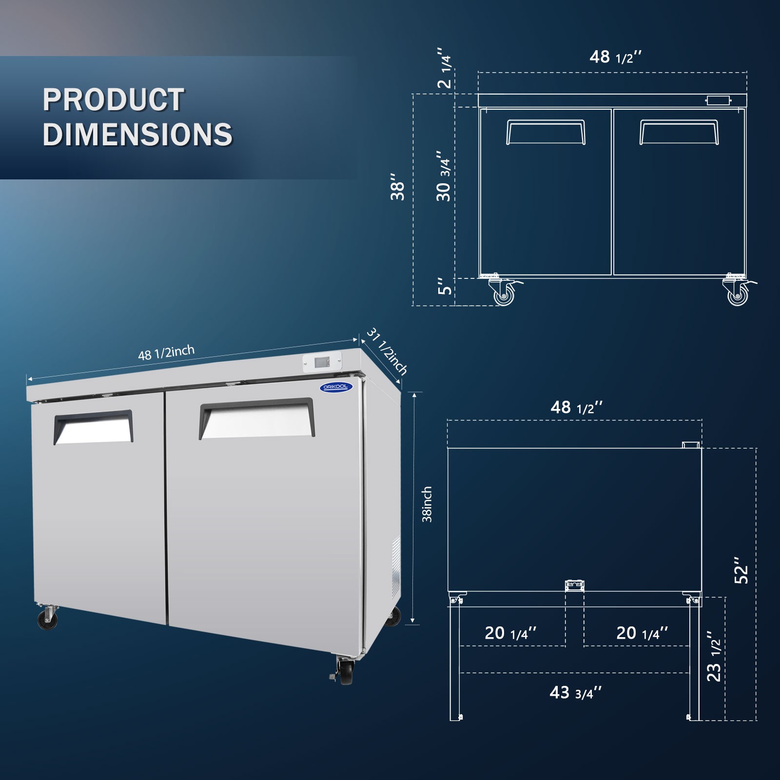 48″ Commercial Undercounter Refrigerators 14.1 Cu.Ft with Smooth Casters ETL
