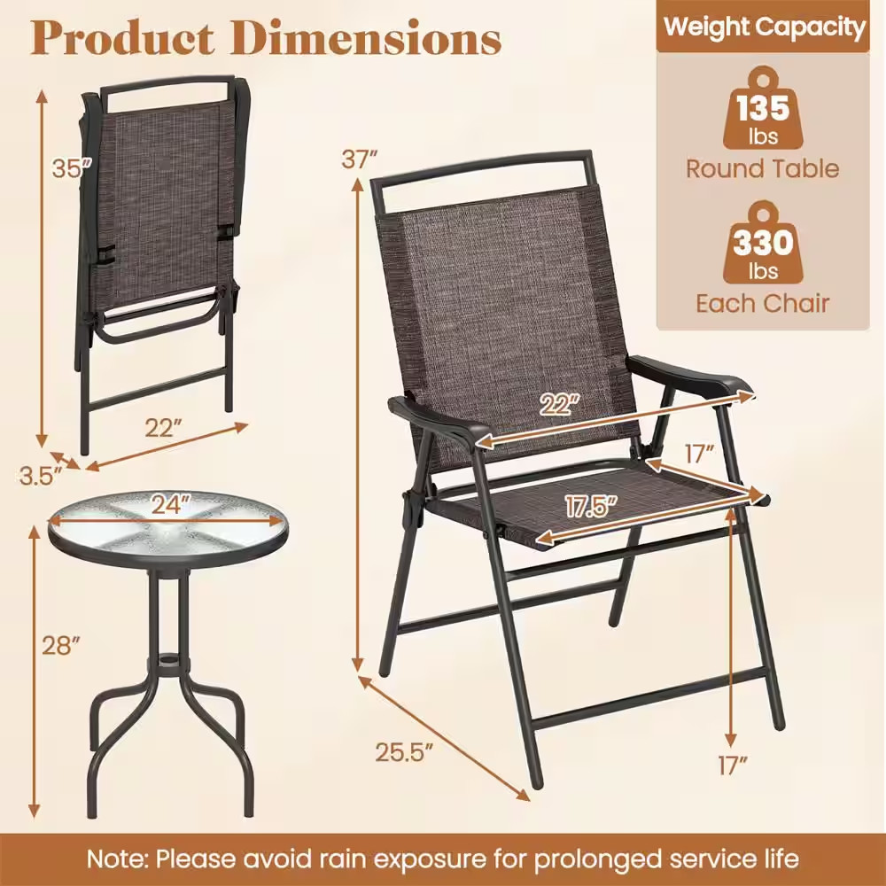 3-Piece Metal round Outdoor Bistro Furniture Set Patio Folding Chairs and Table