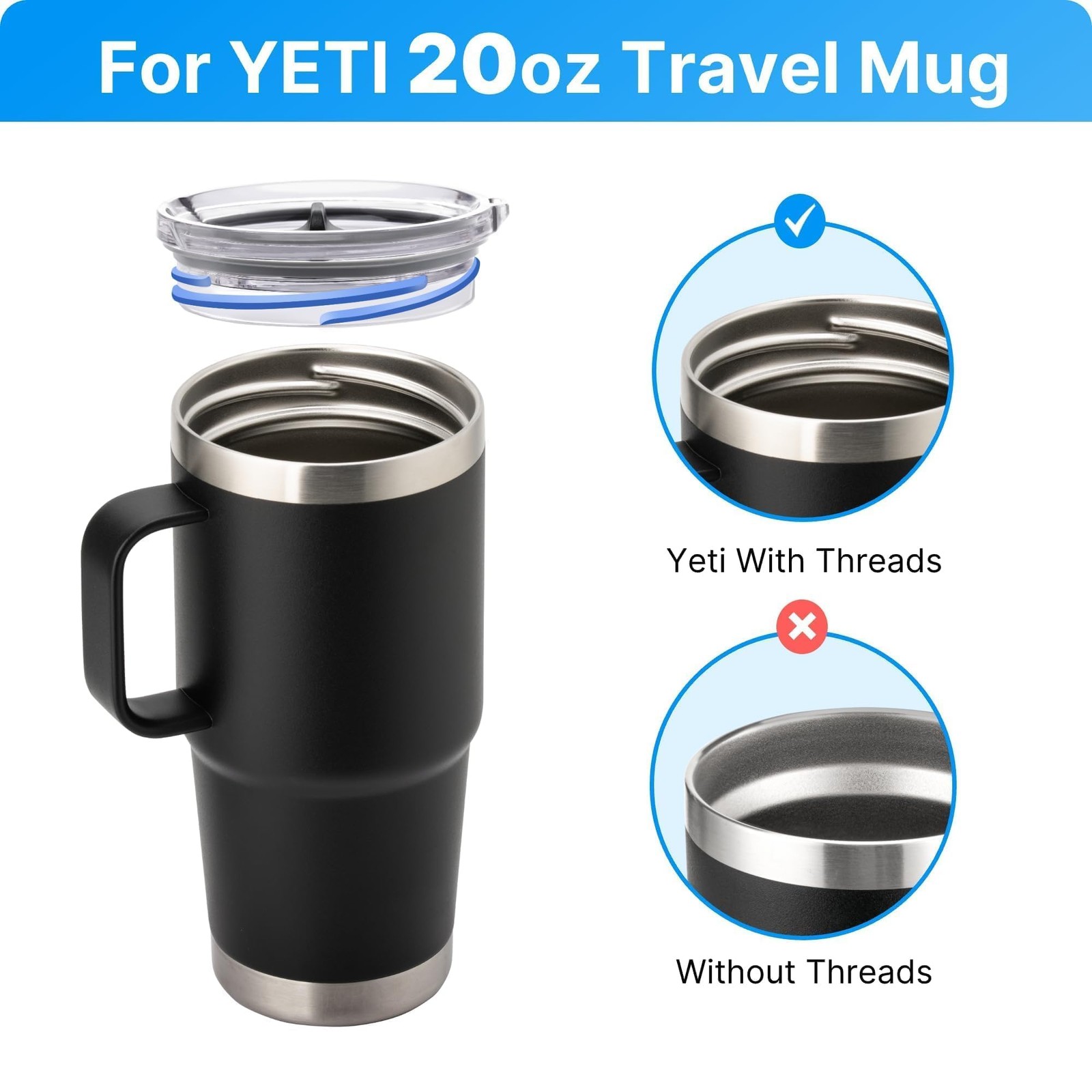 20 Oz Stronghold Lid for Yetl Rambler Travel Mug Replacement Screw Top Lid