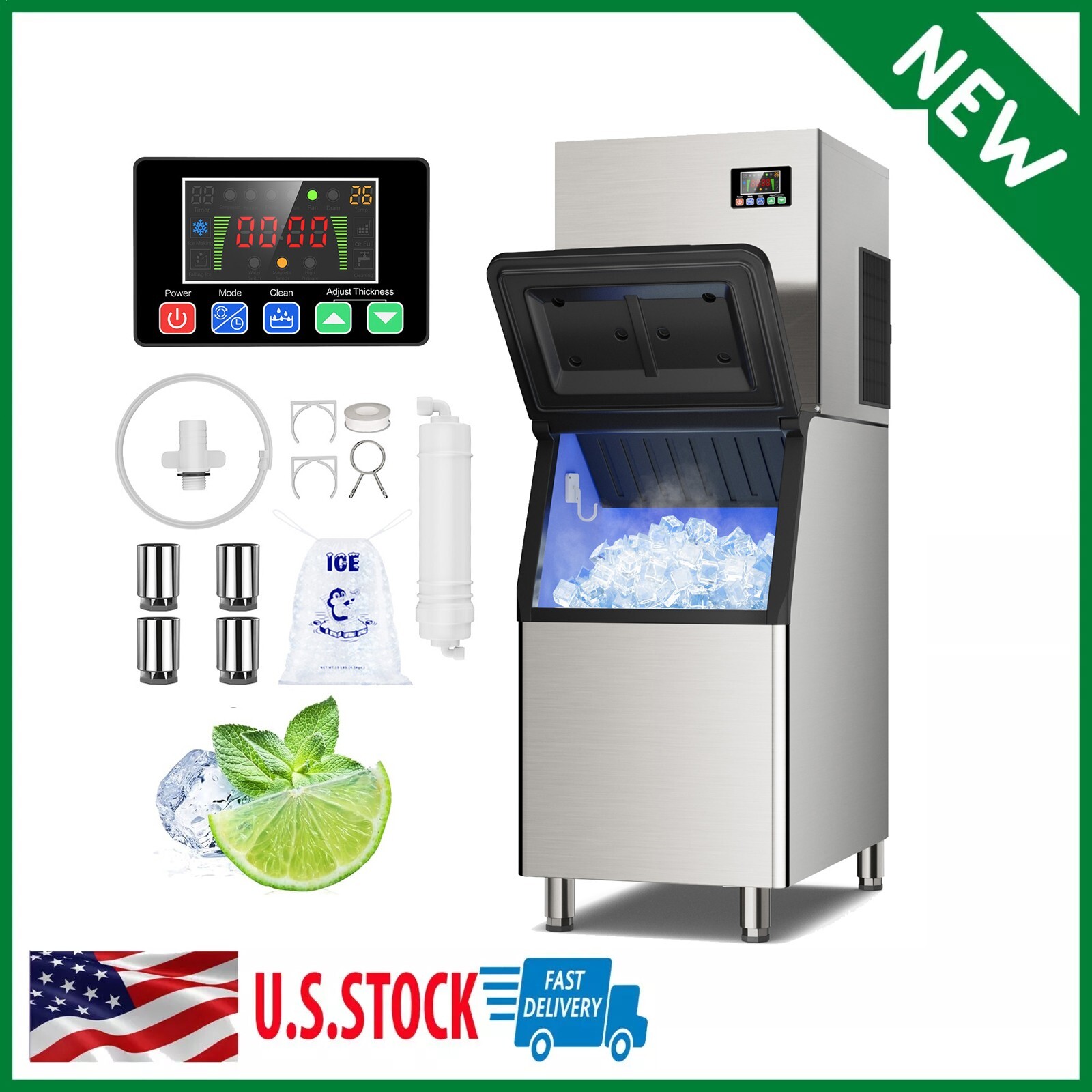 Commercial Ice Maker Machine 550lbs Ice Makers, 350lb Storage Auto Cleaning, ETL