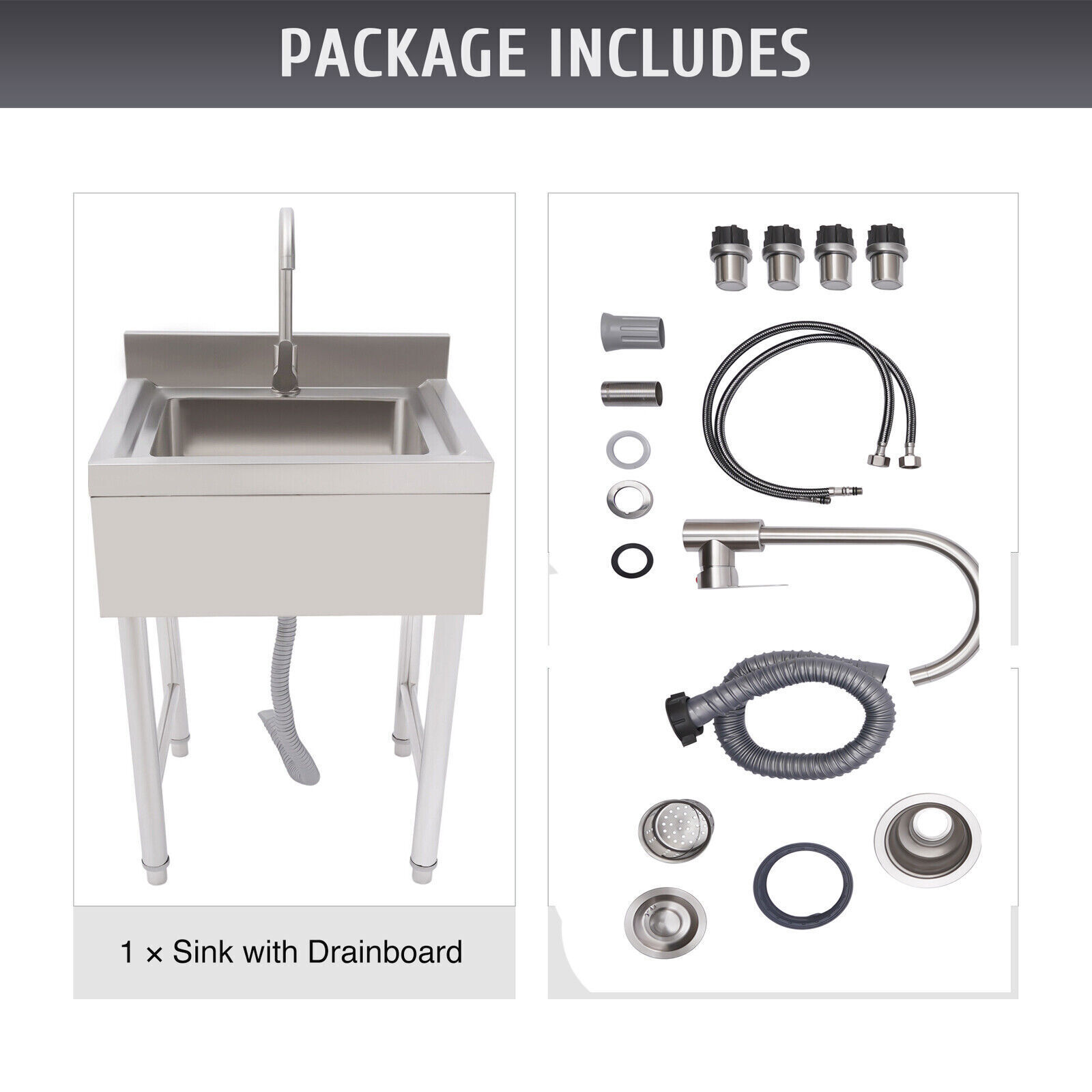 Commercial Utility Sink Stainless Steel Kitchen Sink 1 Compartment with Faucet.