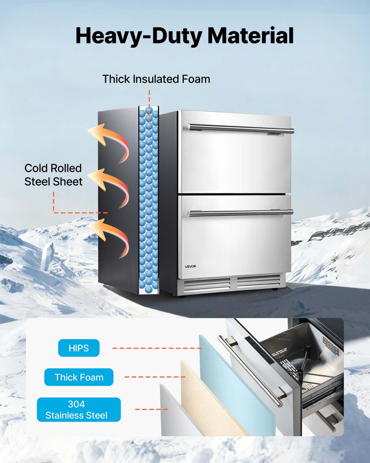 VEVOR 24 in Drawer Refrigerator with Freezer Undercounter Fridge Freezer Combo