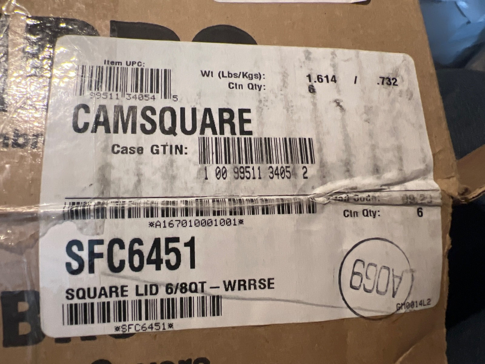 Case of 6 Cambro SFC6451 Food Storage Container Lid Square 6 & 8 qt