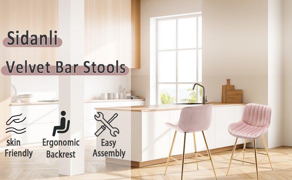 Pink Bar Stools Set of 2, Velvet Counter Stools with Footrests, 24” Armless