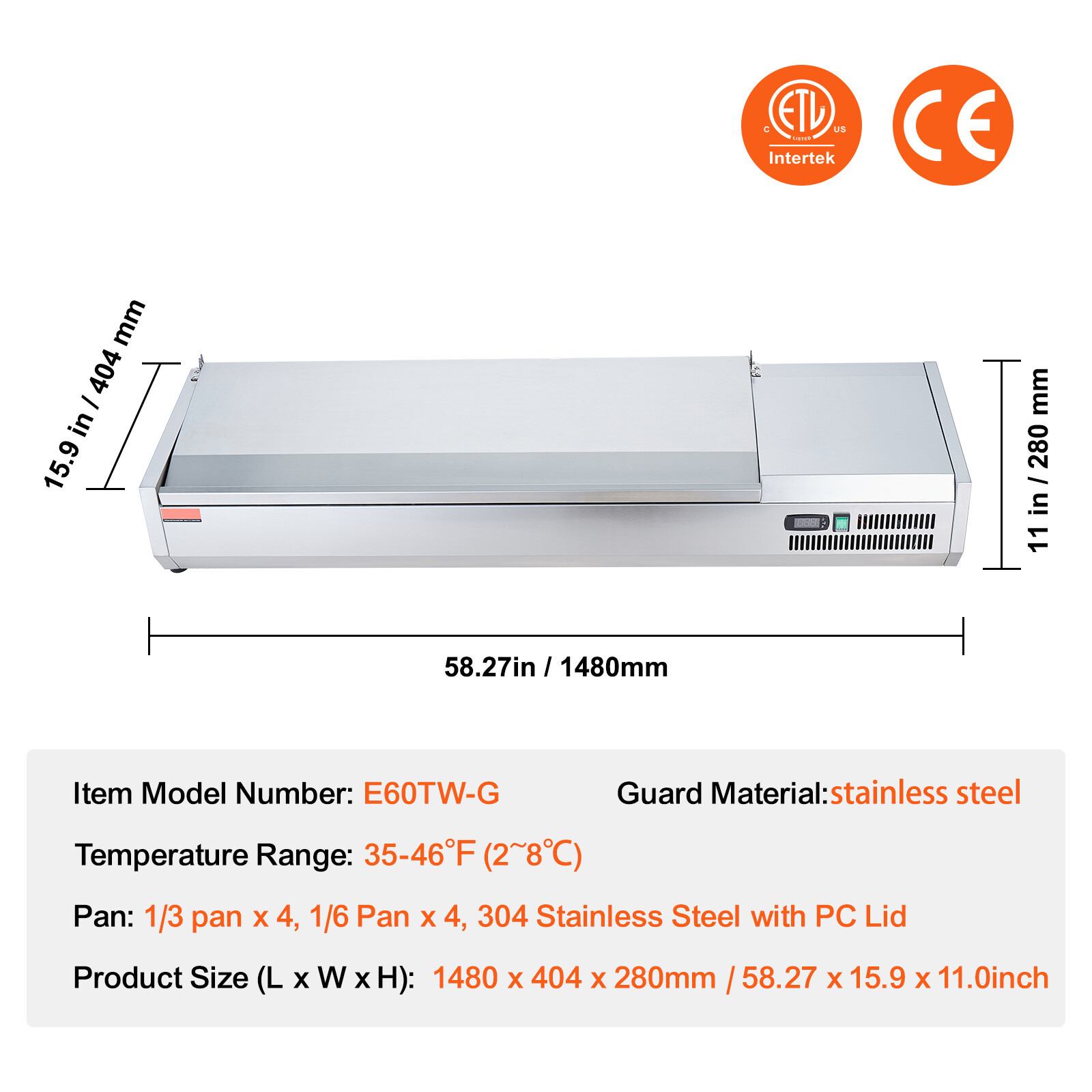 VEVOR 60″ Countertop Condiment Refrigerated Salad Pizza Prep Station w/SUS Cover