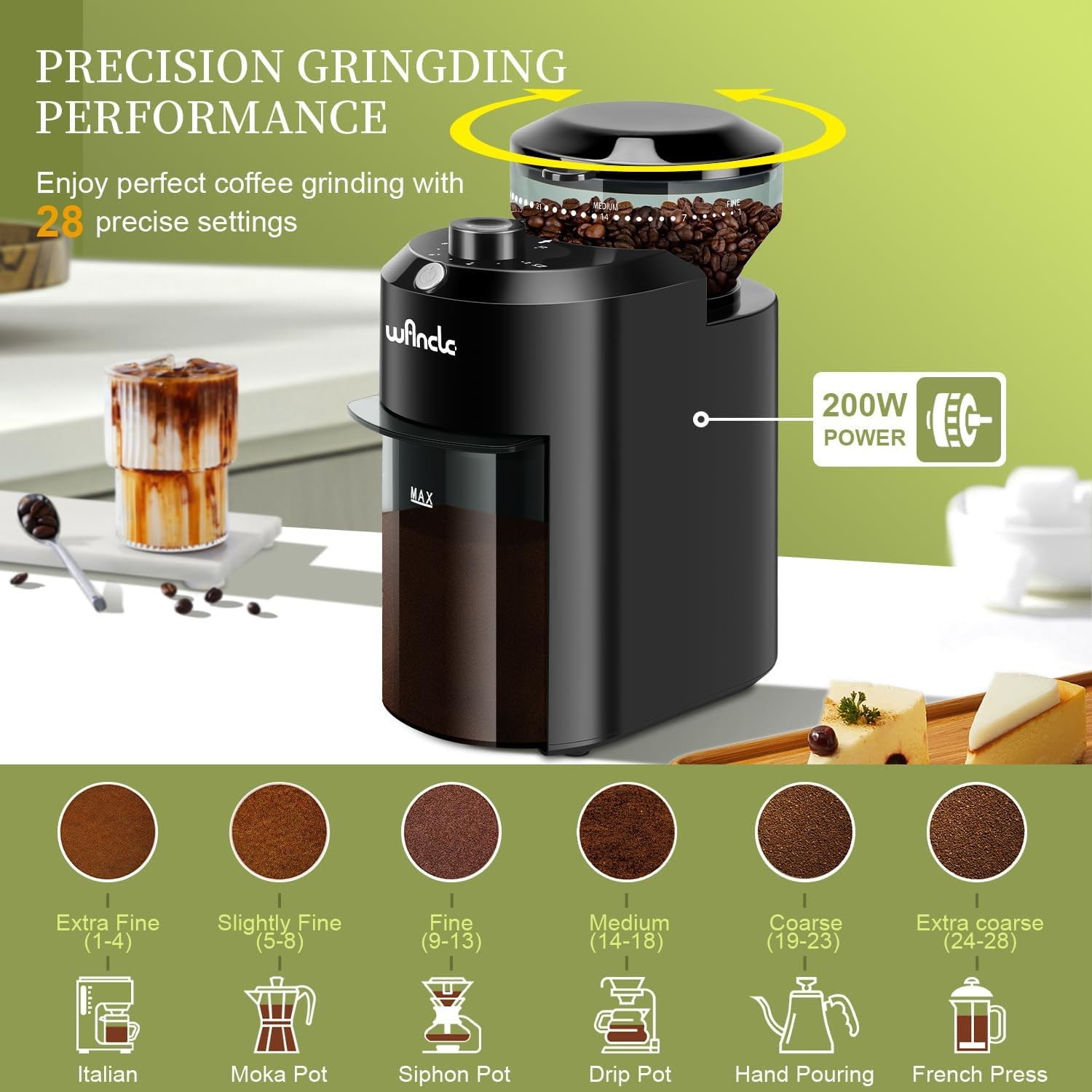 Wancle Electric Burr Coffee Grinder – Adjustable with 28 Precise Grind Settings