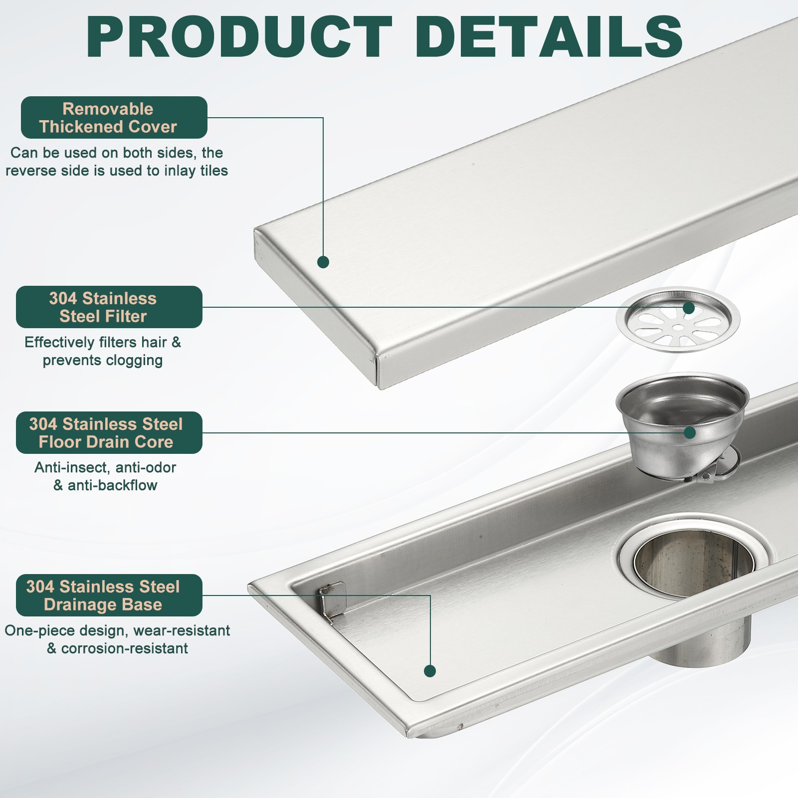 Rectangular Shower Drain Odor-proof Floor Drain 12 Inch Brushed Silver