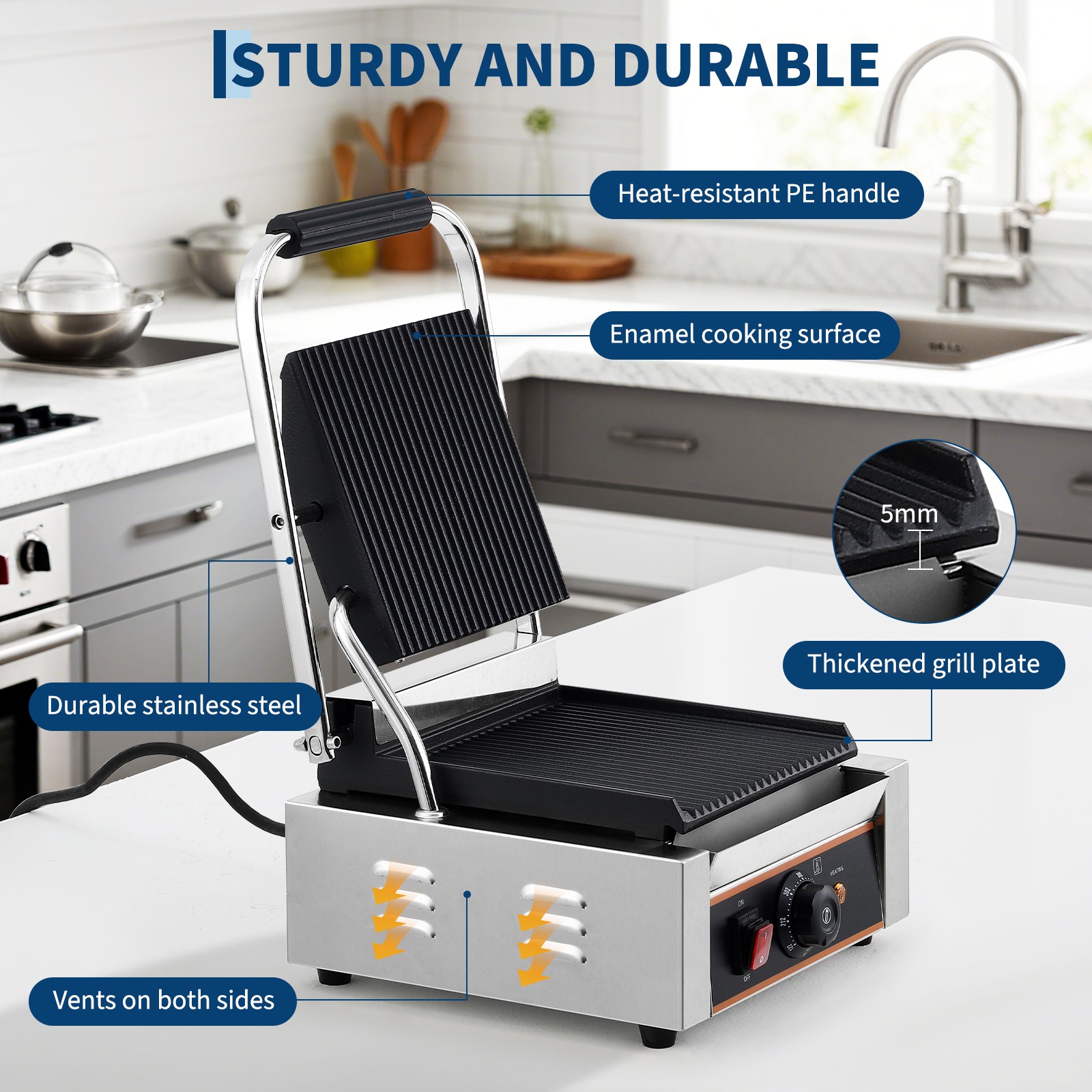 1800W110V Sandwich Panini Press Grill Electric Sandwich Maker Removable Oil Tray