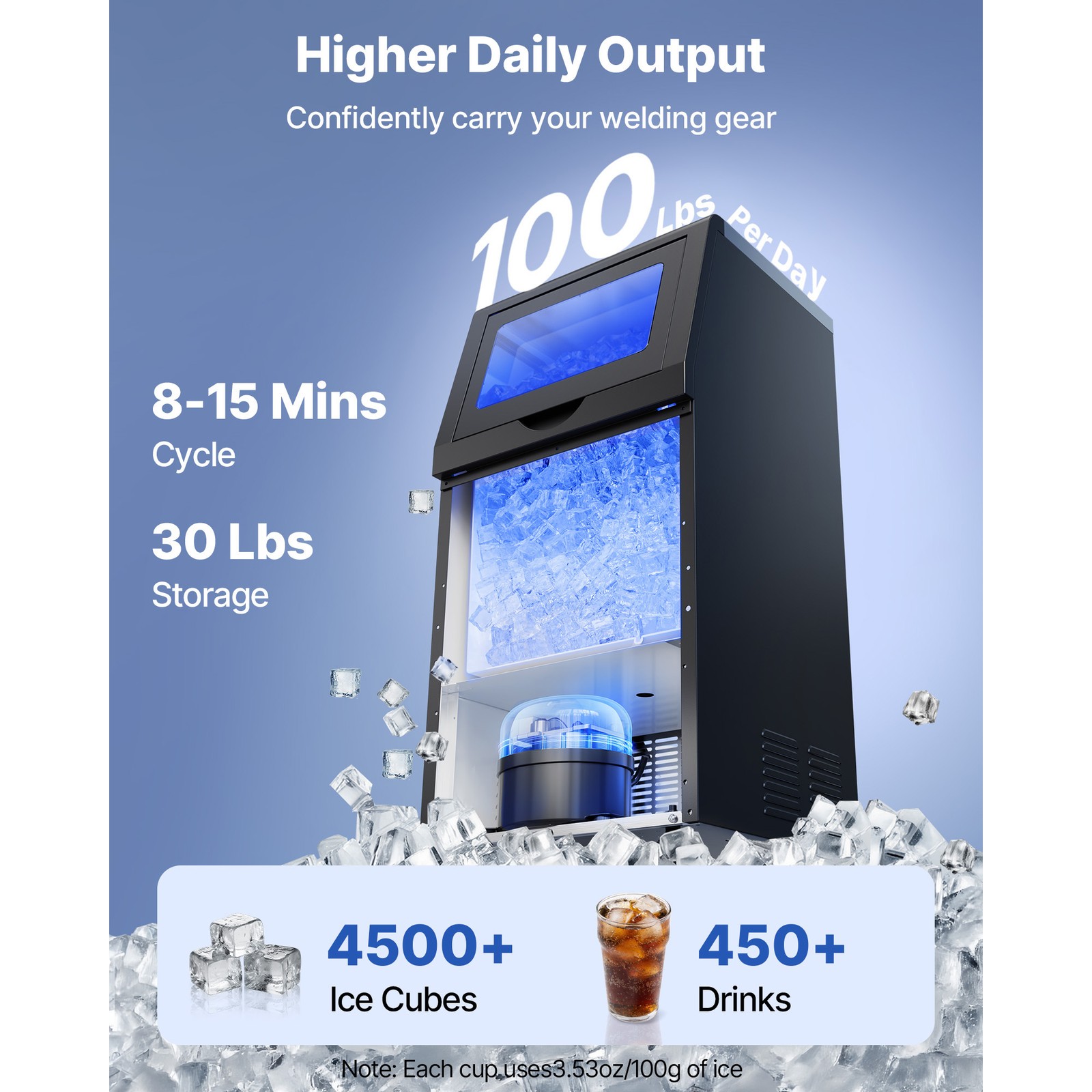Uimoso Commercial Ice Maker 100lbs/24h with 30lbs Storage for Bar and Restaurant