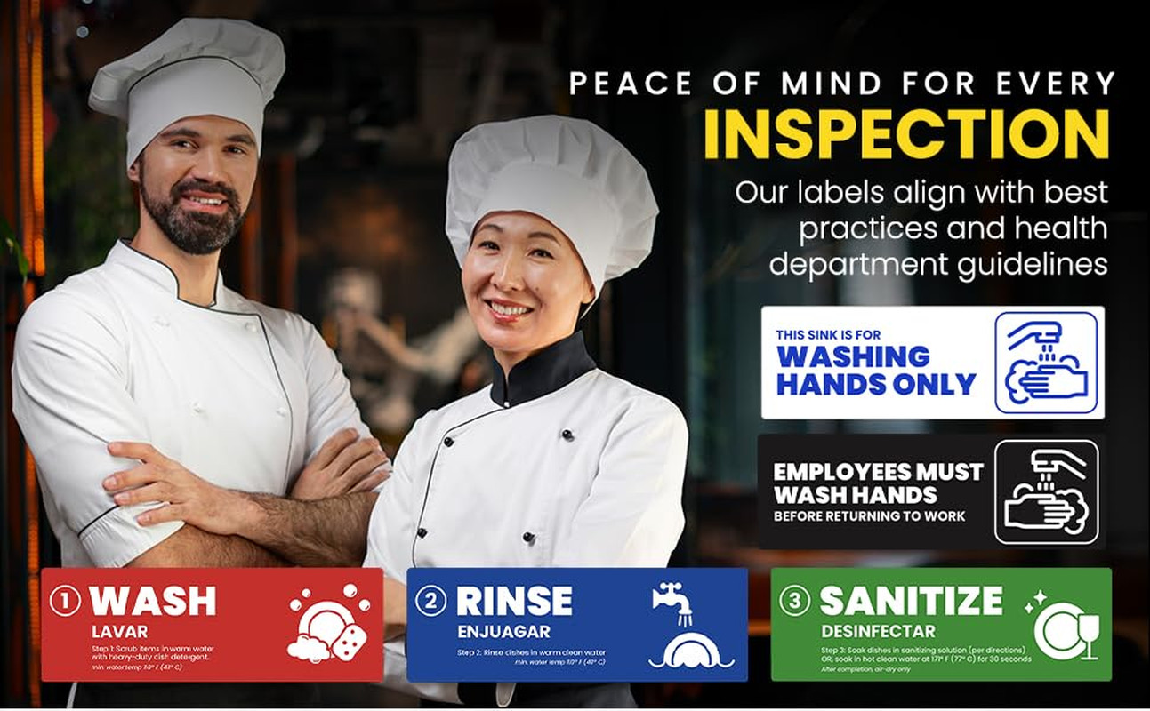 [Enhanced] Wash Rinse Sanitize Sink Labels, Hand Wash Only, and Employee Must Wa
