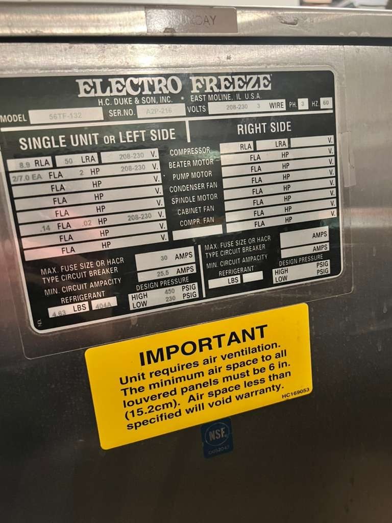 Electro Freeze 56TF-132 Soft Serve Frozen Ice Cream/Yogurt Machine water cooled