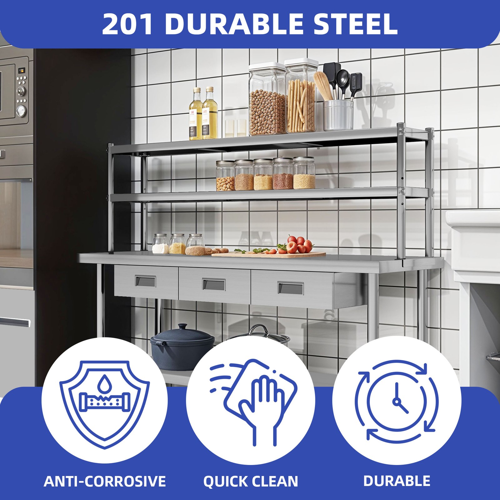 72″ X 24″ Worktable Stainless Steel Table with Overshelves with 72″ X 12″ Shelf