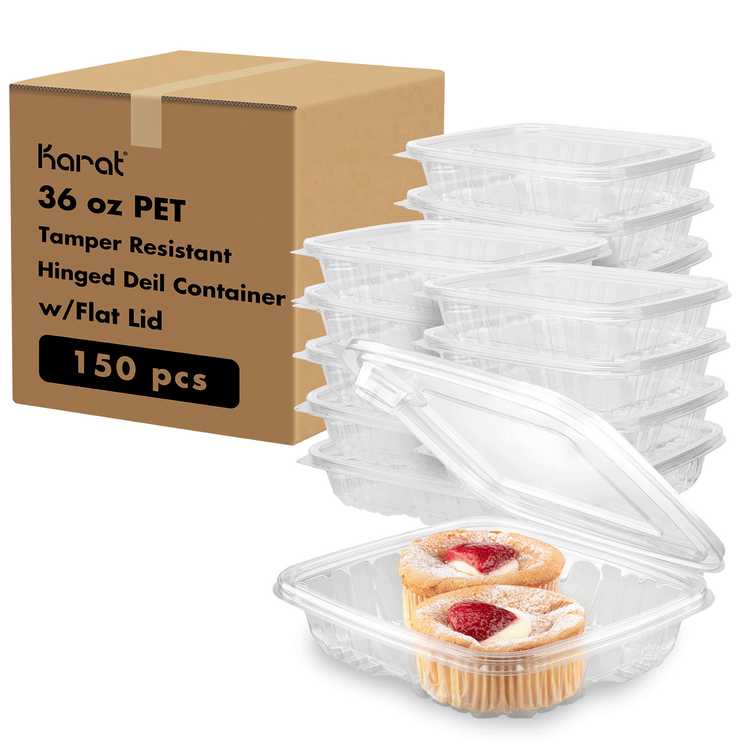 Karat 36oz PET Tamper Resistant Hinged Deli Container w/Flat Lid – 150pcs