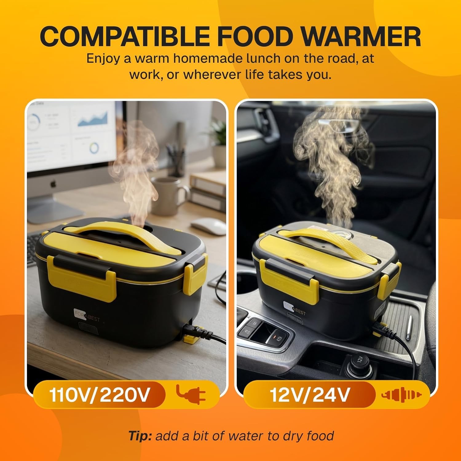 FORABEST Heated Lunch Box – 80W Electric – 1.5L, Black Yellow