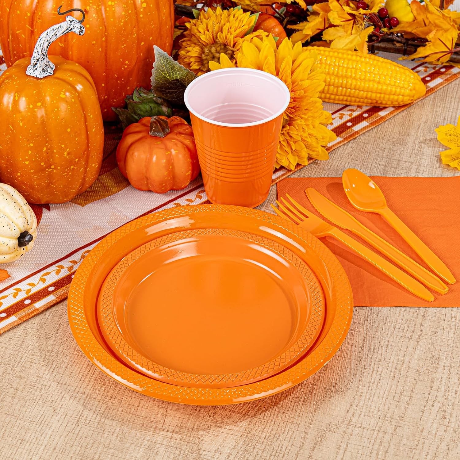 210Pcs Orange Disposable Plates,Plastic Dinnerware Set for Party,Includes: