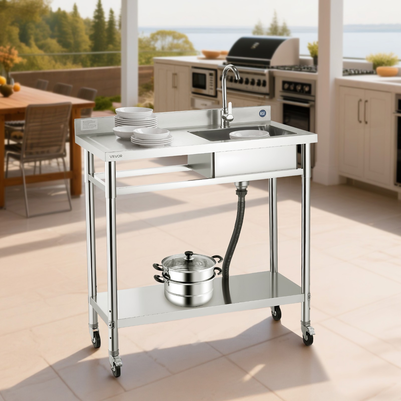 VEVOR Stainless Steel Utility Sink with Wheels Single Bowl 39.4 x 19.7 x 41.5 in