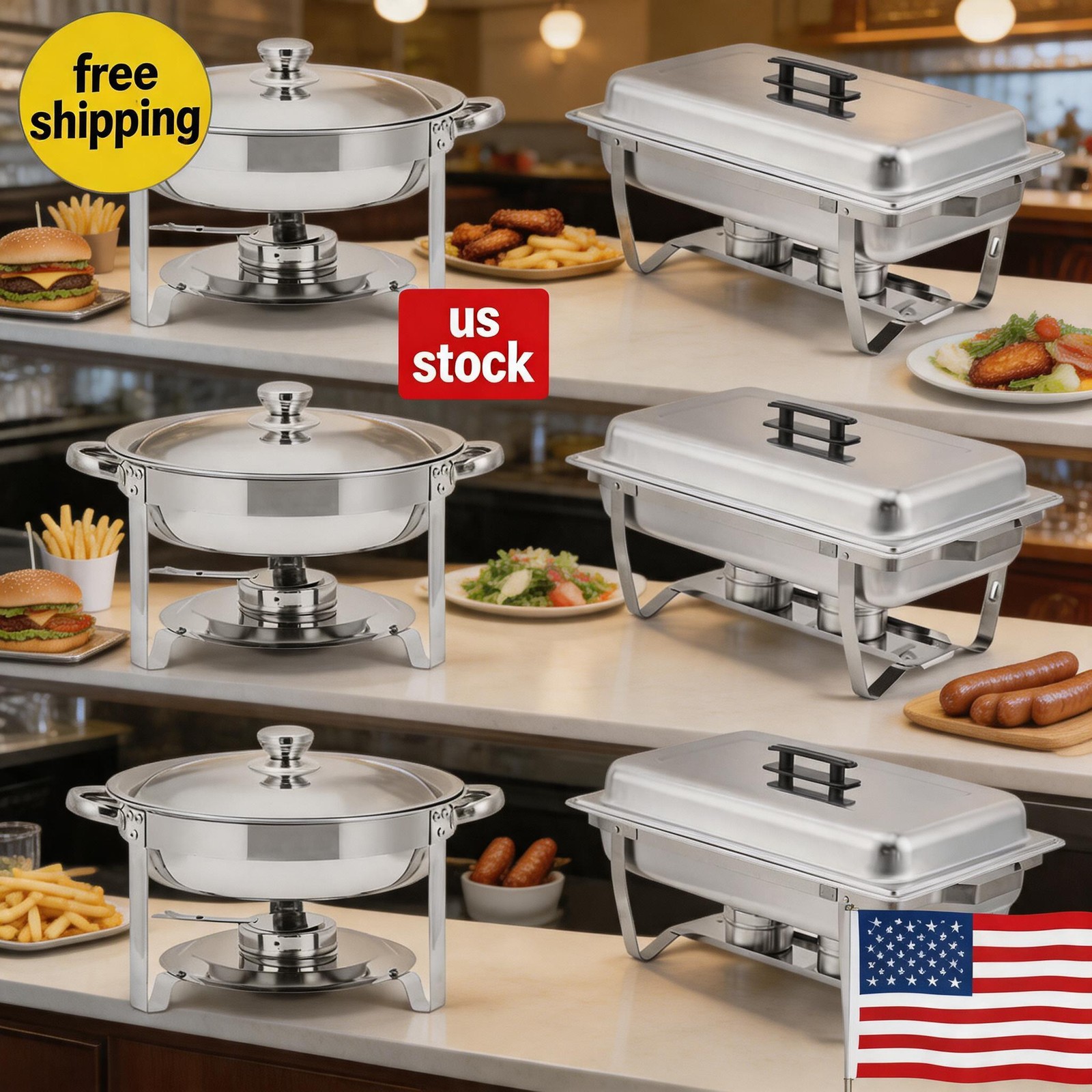 Buffet Warmer Set, 8 QT Rectangle & 5 QT Round Stainless Steel Chafing Pack 6
