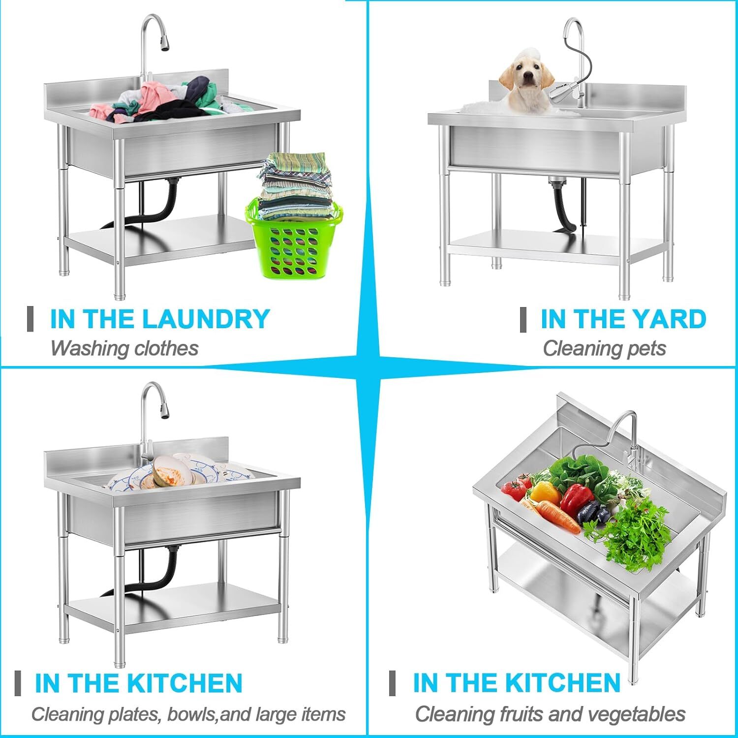 Stainless Steel Sink Free Standing with Pull-Out Faucet for Kitchen Restaurant