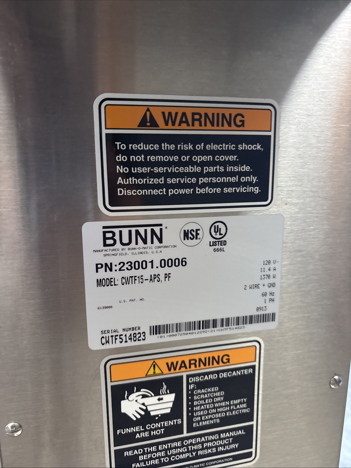 Bunn Coffee Airpot Brewer Maker Machine CWTF15-APF Model 23001.0006
