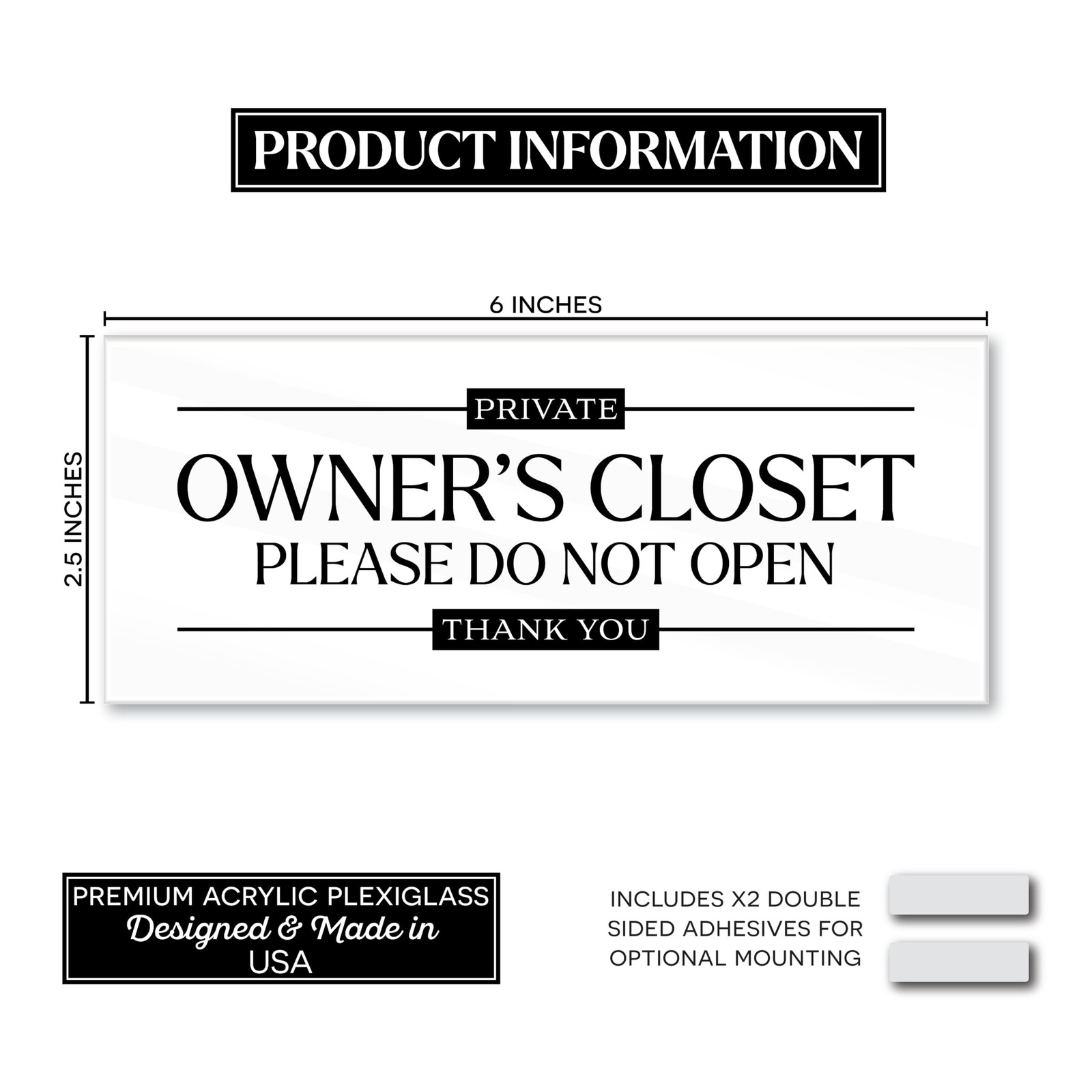 Acrylic 2.5×6 Owners Closet Sign, No Guest Access Sign 2.5×6,