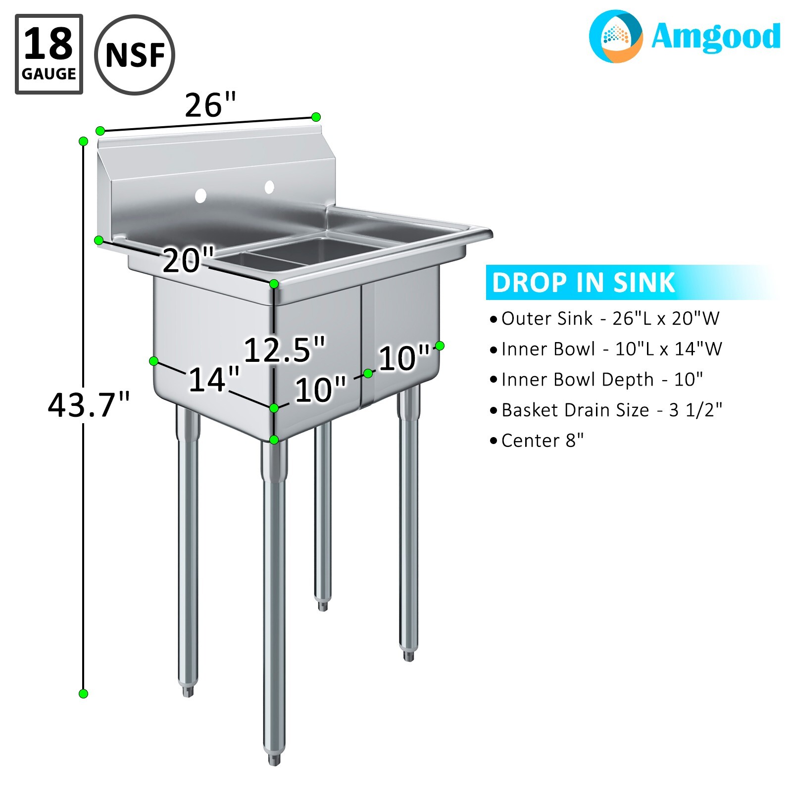 20 in. x 26 in. Stainless Steel Two Compartment Sink. 10 in x 14 in x 10in Bowls