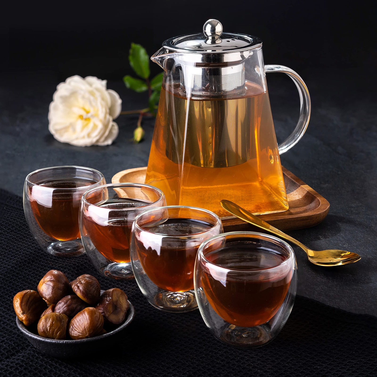 Mixpresso 5 Piece Glass Tea Pot Set, Kettle with Removable Infuser, Clear Glass