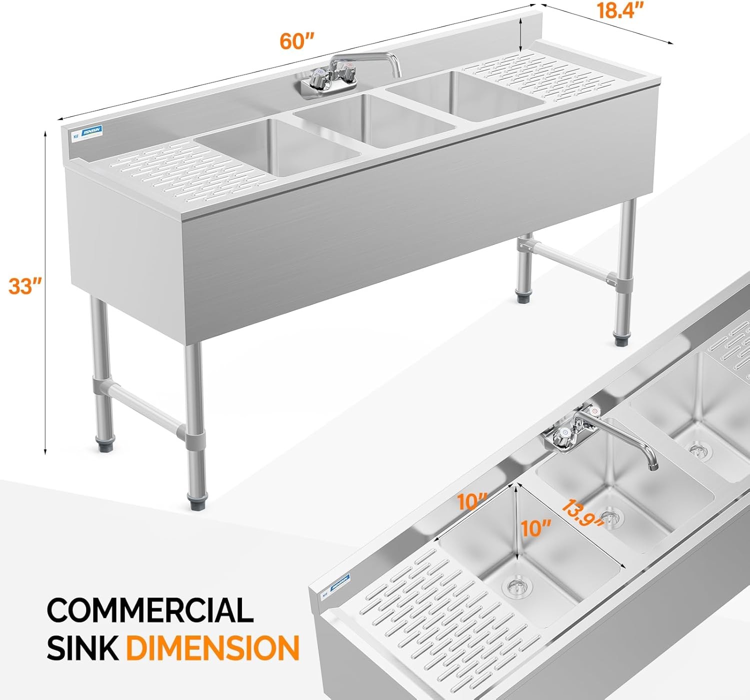 3 Compartment Commercial Sink with Double Drainboard 60″L x 18.4″W x 33″H Silver