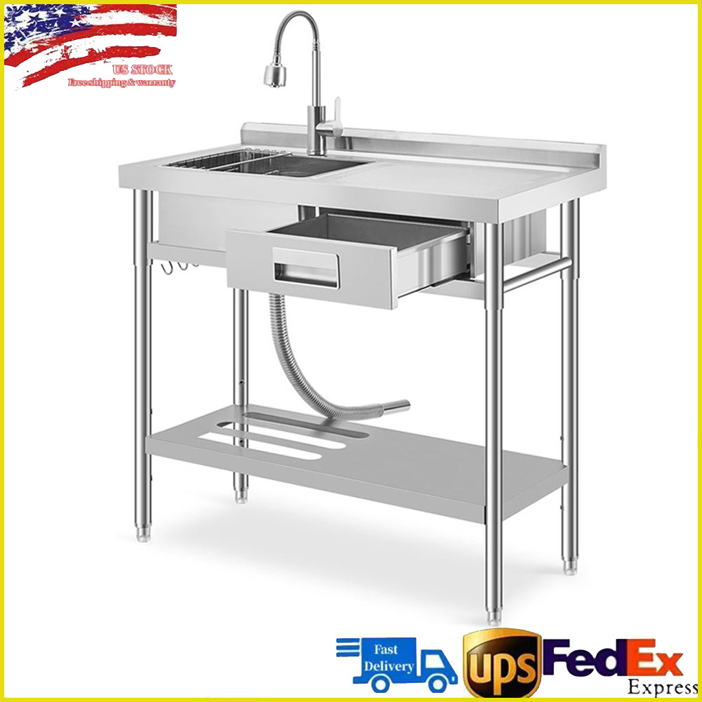 39″ Stainless Steel Utility Sink with Drainboard Kitchen Sink with Faucet Drawer