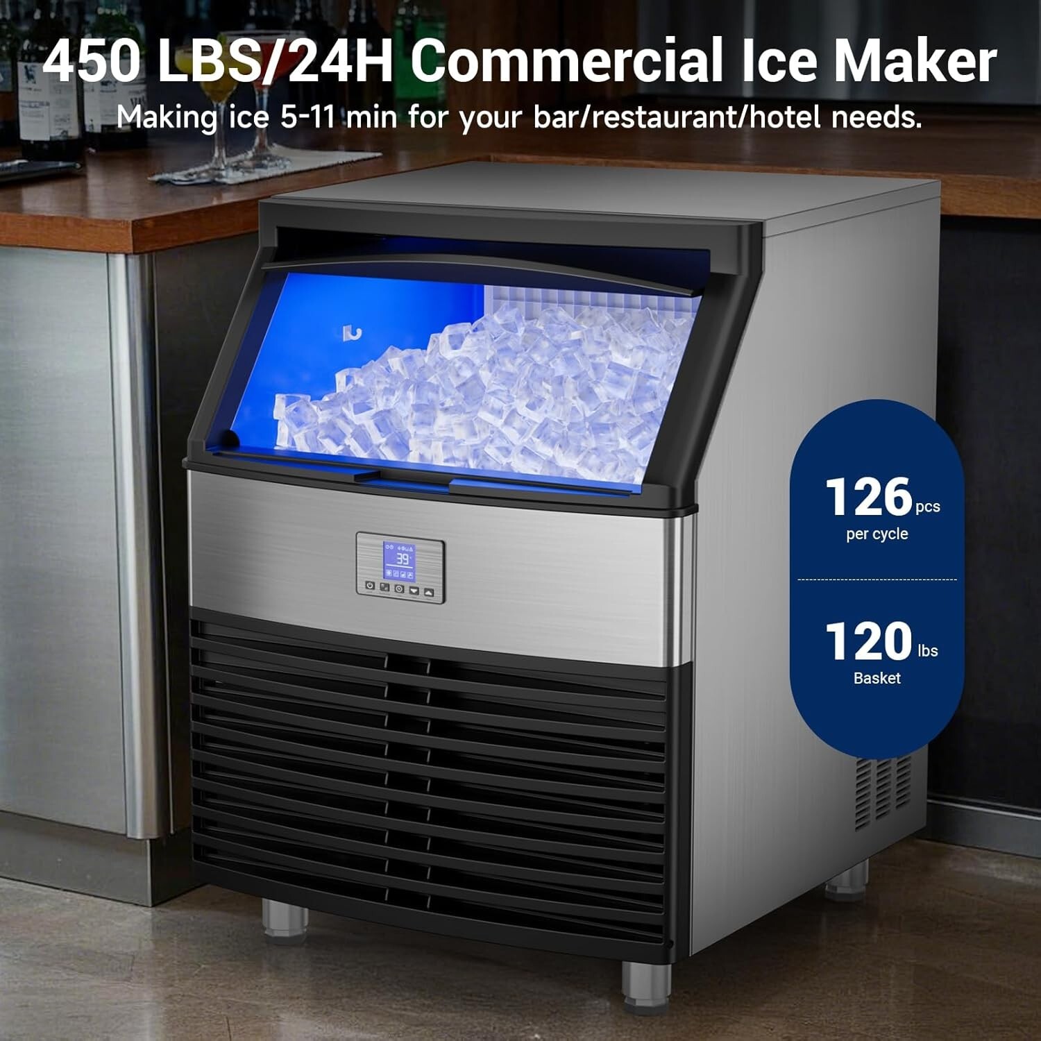 Commercial Ice Maker 450LBS/24H Ice Machine with 120 LBS Storage Ice in 8-15 min