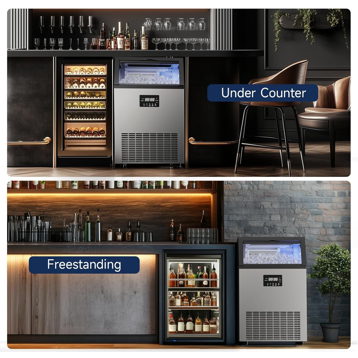 200lbs/24H Commercial Ice Maker Under Counter Freestanding Full ice Cube Machine
