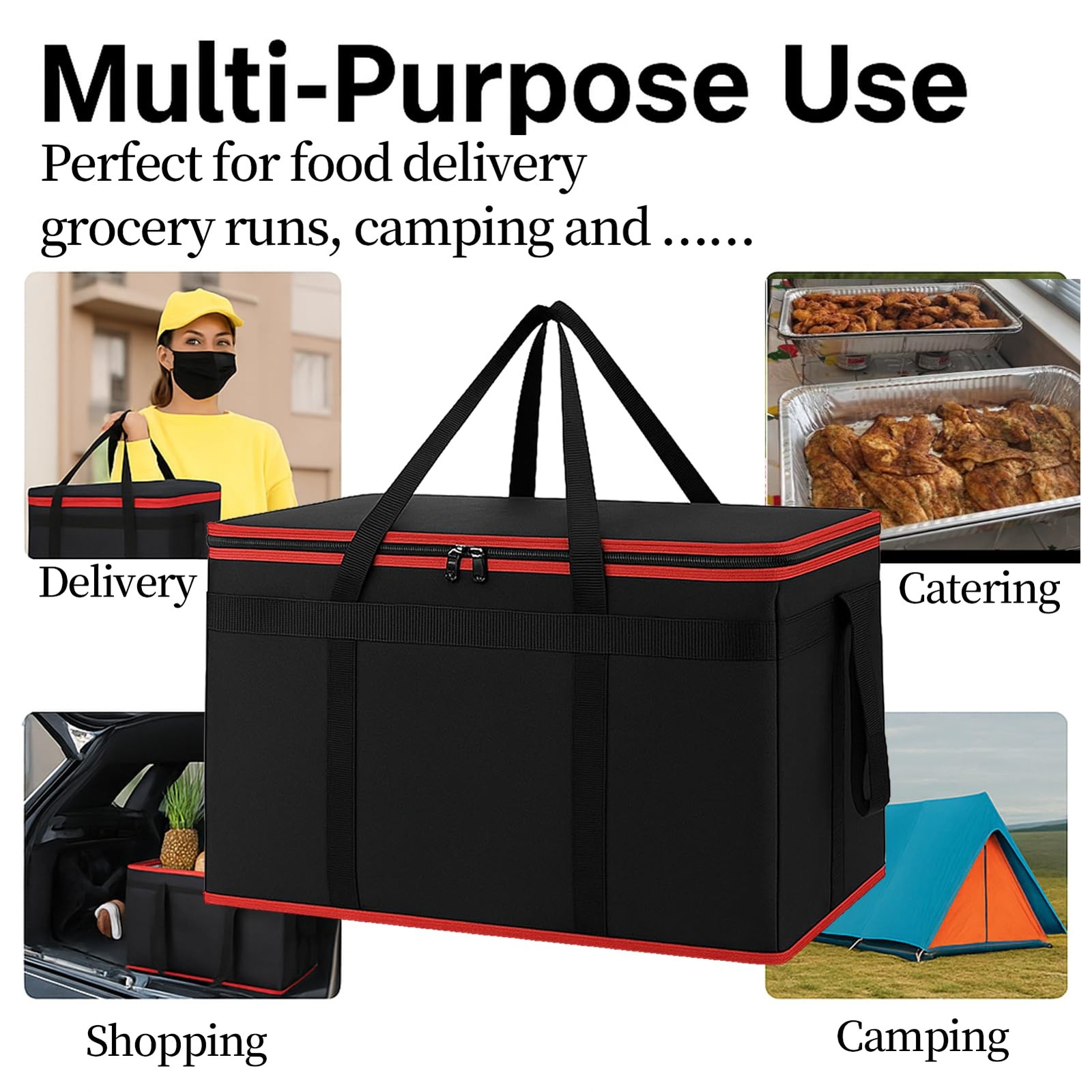 Bodaon Insulated Food Delivery Bag With Hard 3X-Large（79L）, Black-red Edge