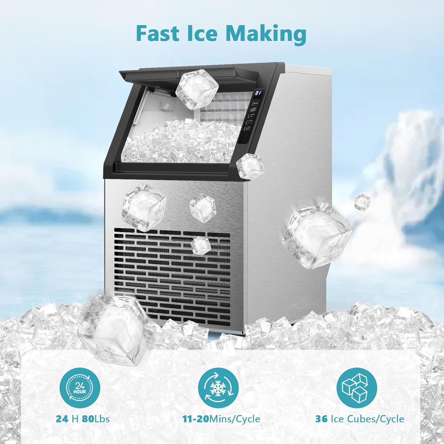 Commercial Ice Maker Machine Storage 80lbs/24H Stainless Steel Ice Machine 24lb