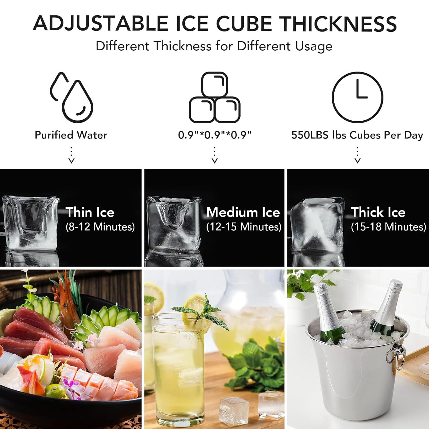 550LBS/24H Smart Commercial Ice Maker Machine With 300LB Storage Bin & LED Panel