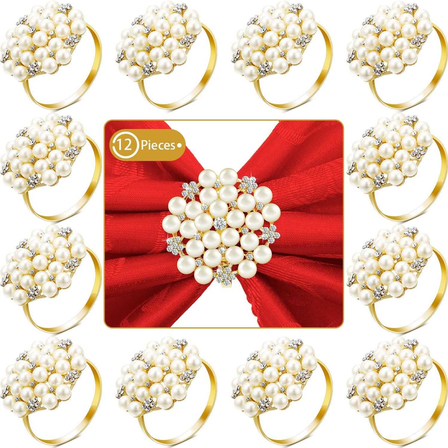 144 Pcs Gold Napkin Rings Pearls and Flower Napkin Buckles Rhinestone Bling