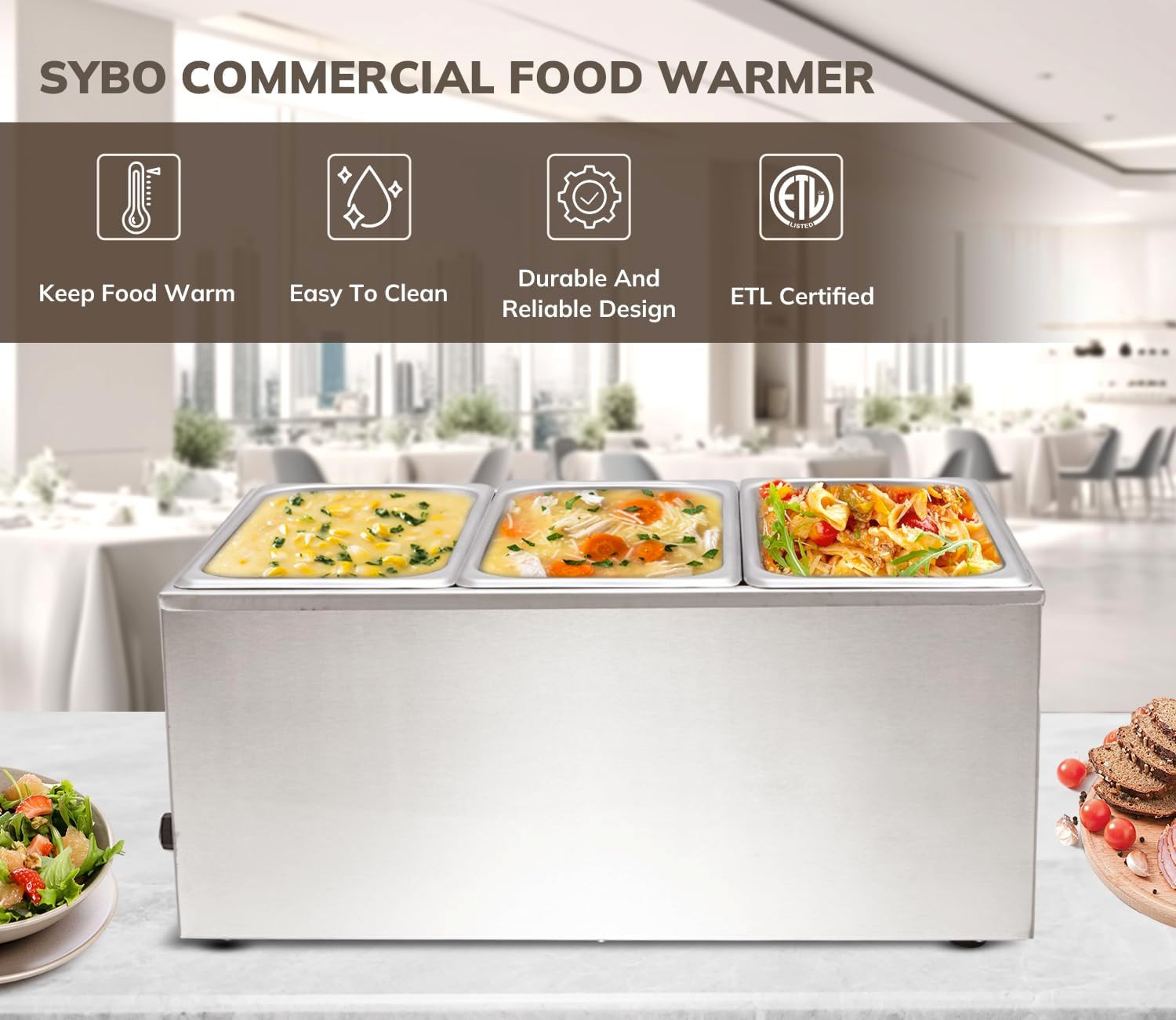 Warmer Commercial Grade Stainless Steel Bain Marie Easy to Clean Steam Table for
