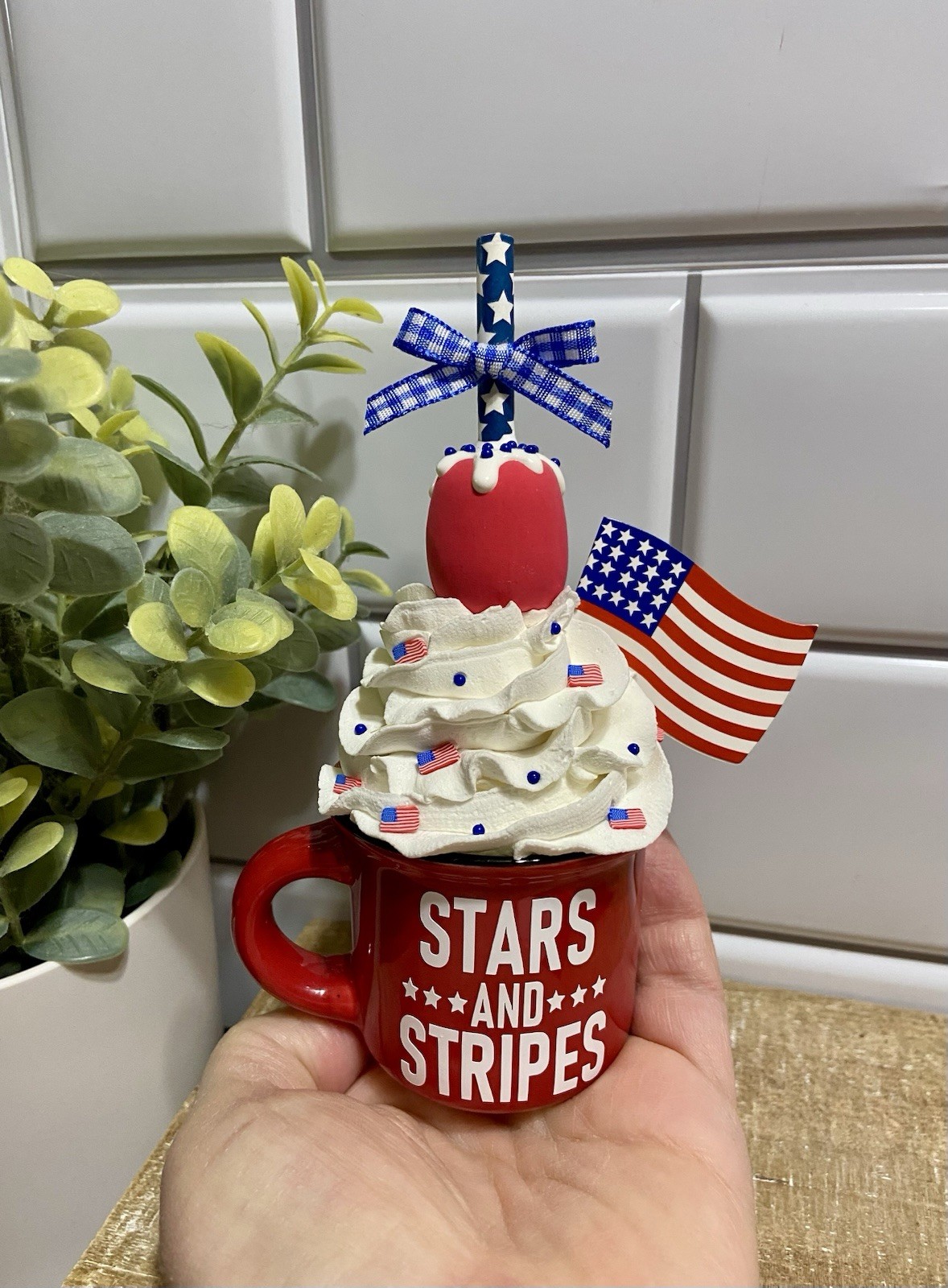Cute USA Mini Ceramic Mug Faux Fake Whipped Cream Tiered Tray Decor PATRIOTIC