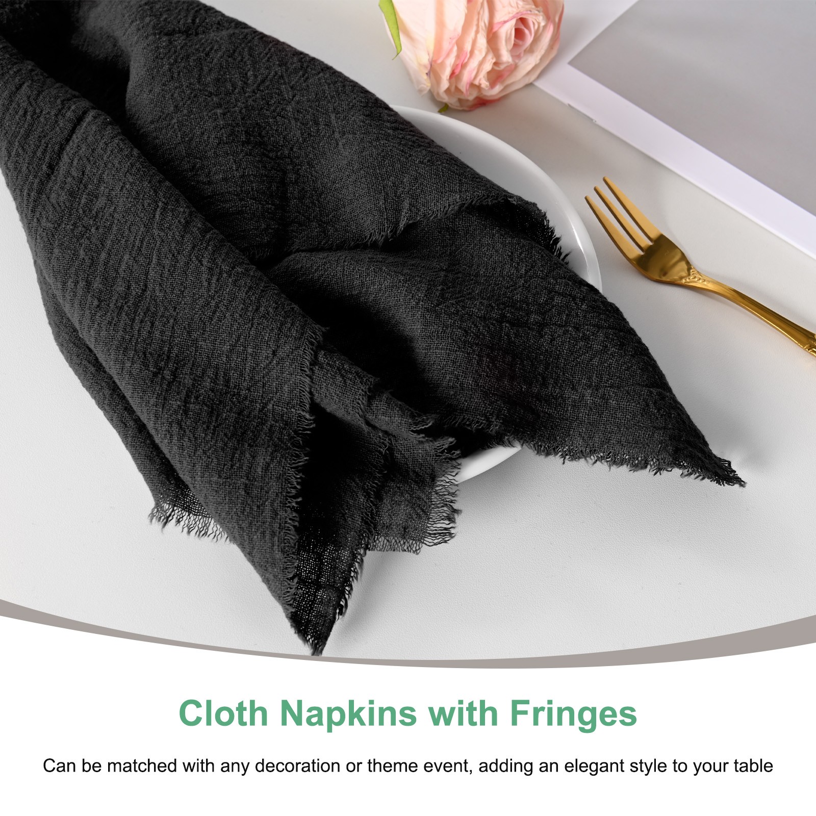 12-Pack 17″ x 17″( L x W ) Cotton Linen Fall Napkins with Fringe [Black]