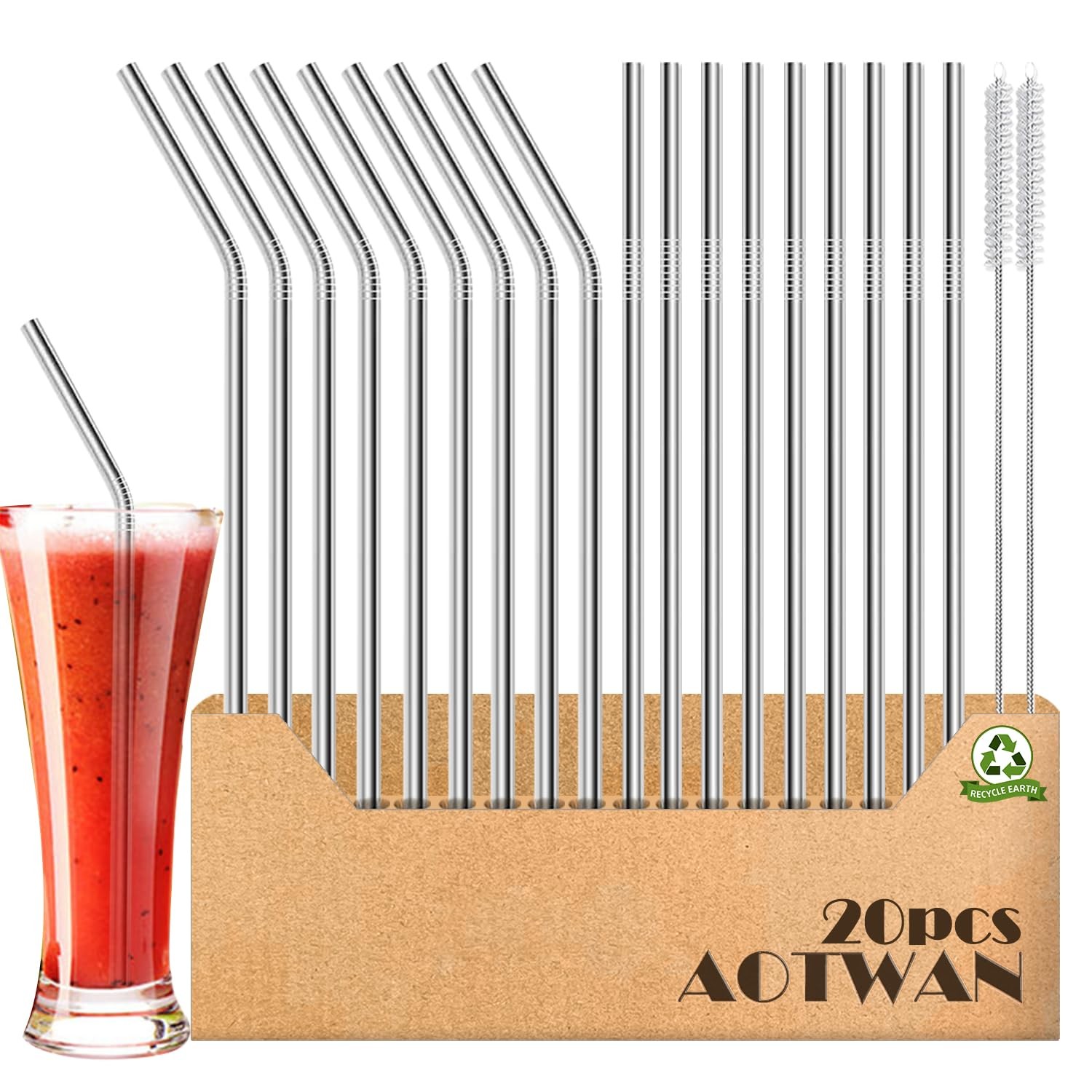 20-Pack Reusable Stainless Steel Metal Straws with 2 Brushes for 20oz Tumblers