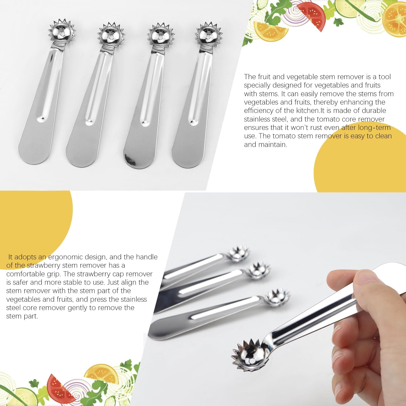4 Pcs Tomato Corer Tool Strawberry Stainless Steel Sliver
