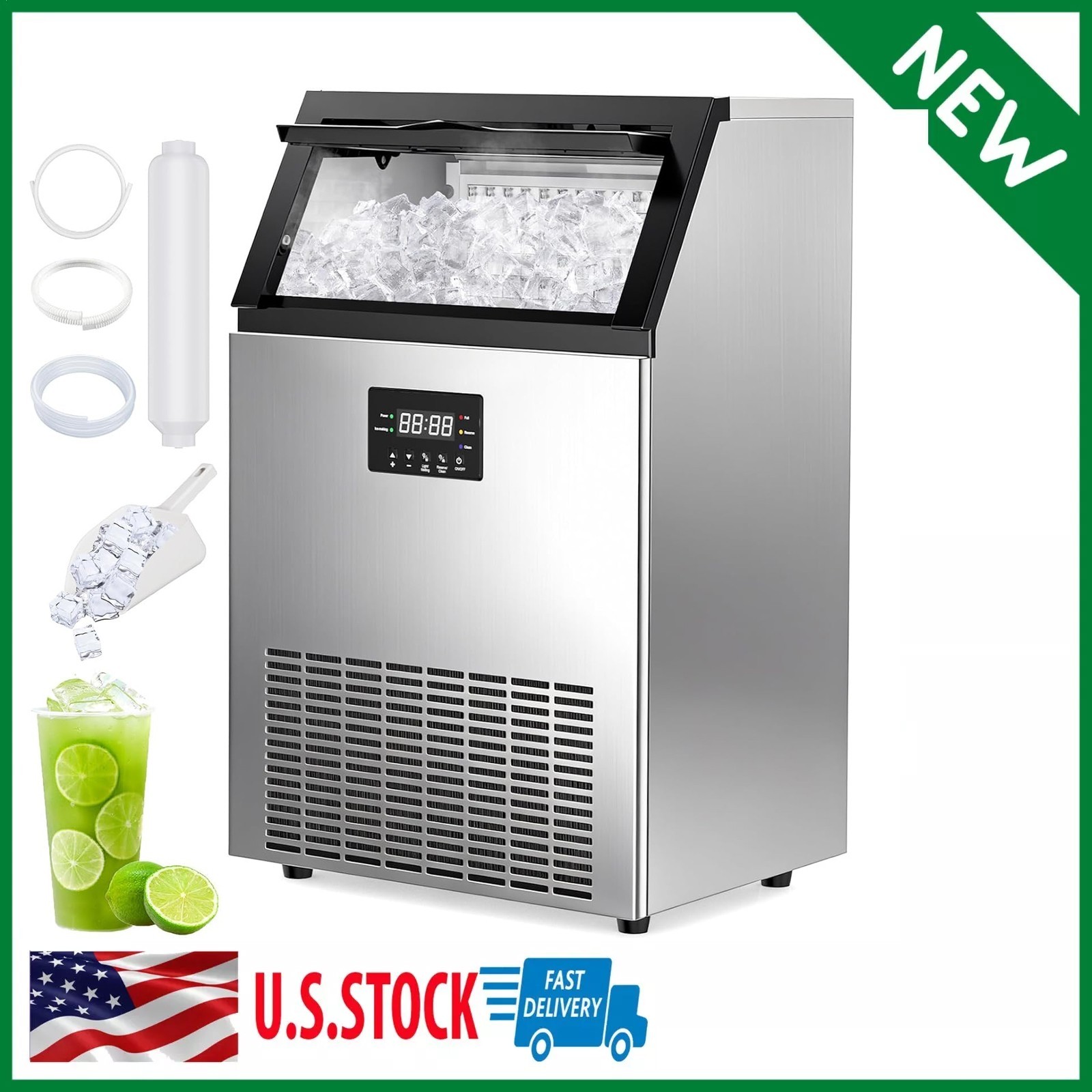Commercial Ice Maker Machine 200 Lbs/24H, Commercial Ice Machine, 50 LBS Storage