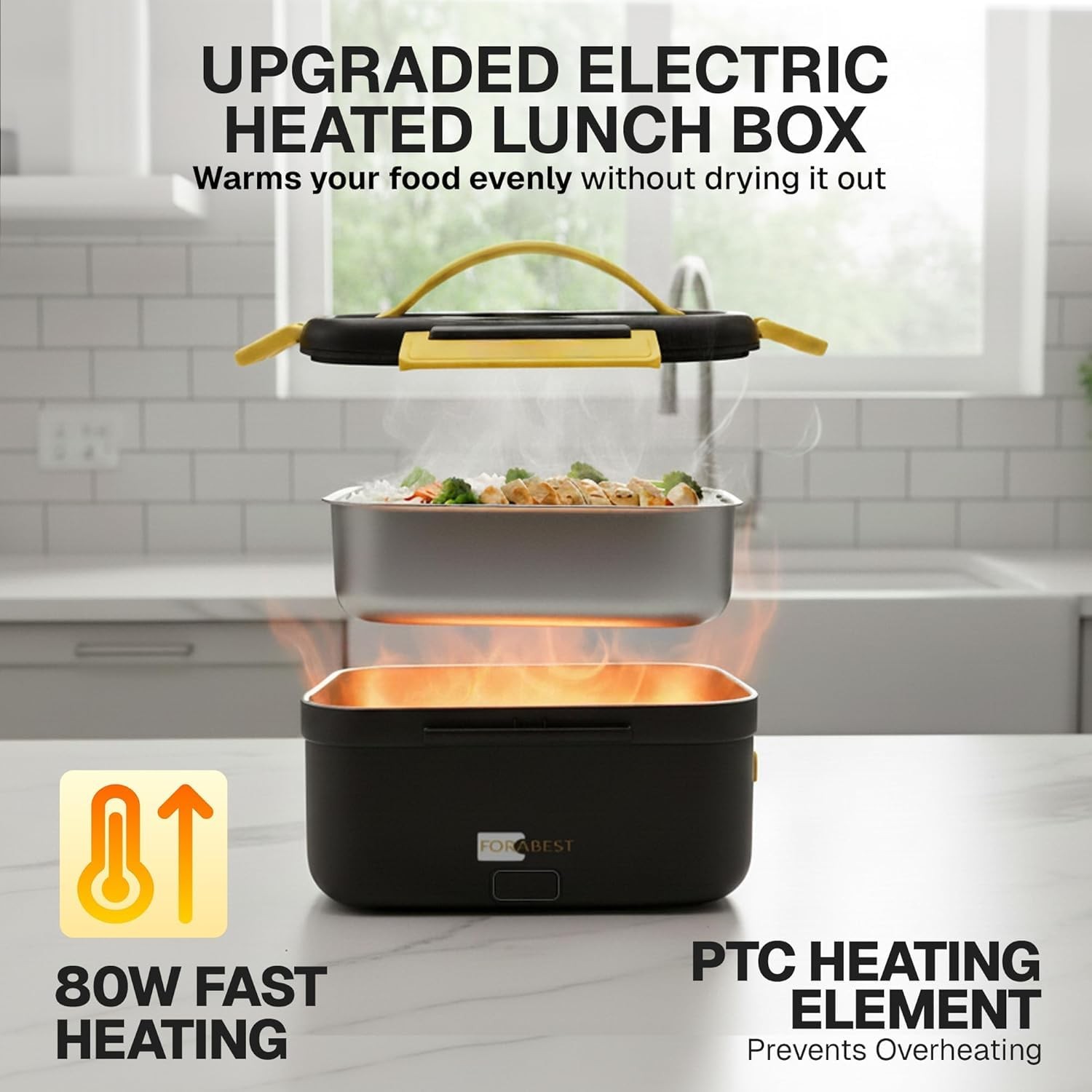 FORABEST Heated Lunch Box – 80W Electric – 1.5L, Black Yellow