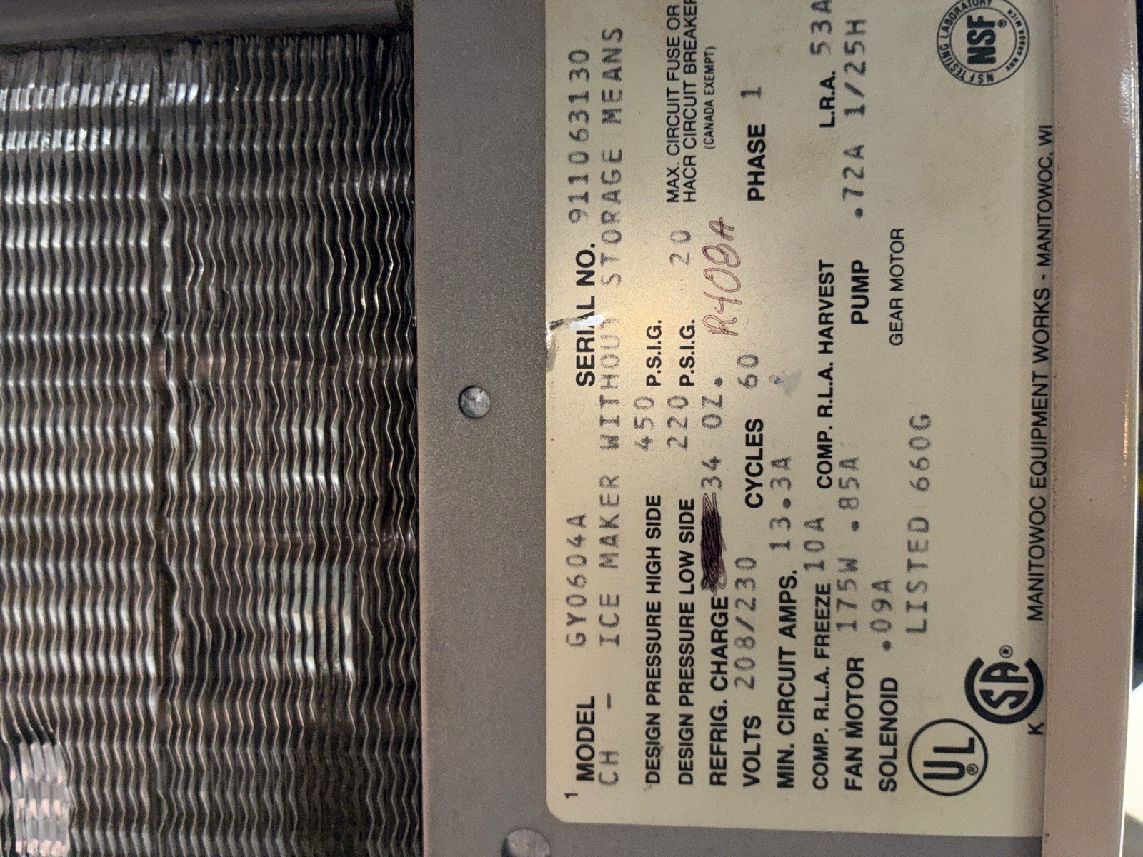 Manitowoc 600 Lb Ice Maker, 220v, 1 Ph, Air Cooled. Warrantied!