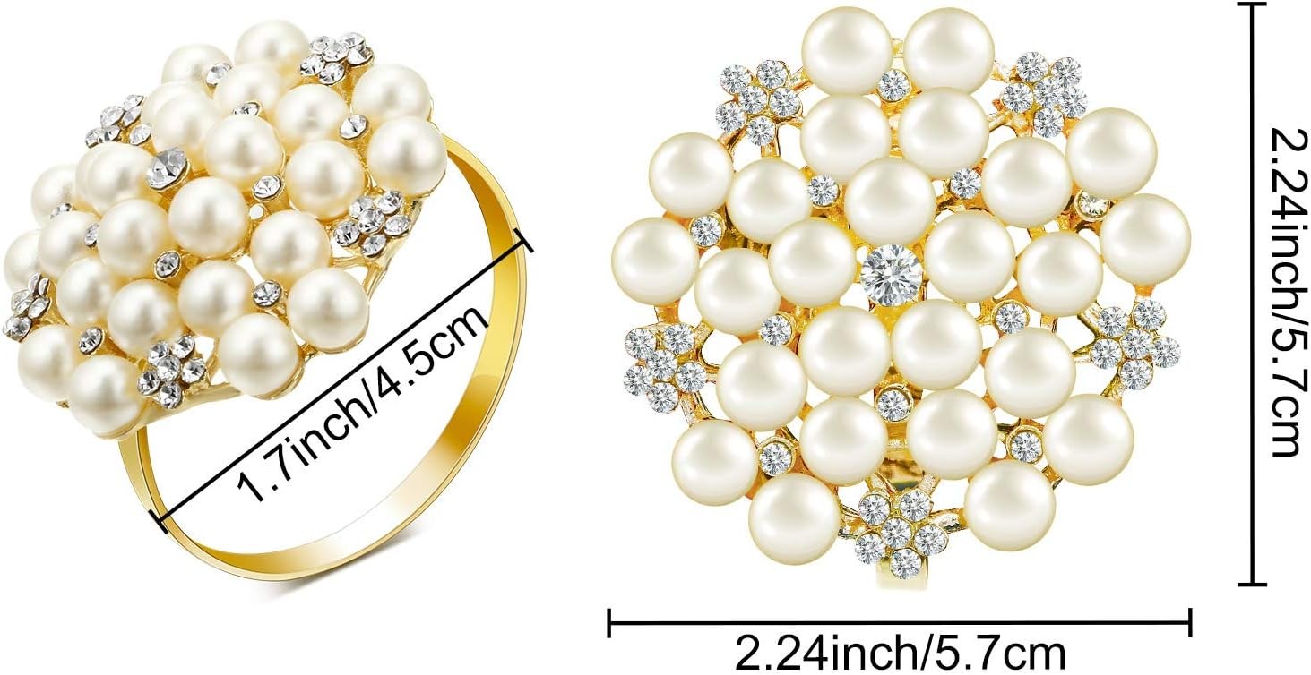 144 Pcs Gold Napkin Rings Pearls and Flower Napkin Buckles Rhinestone Bling