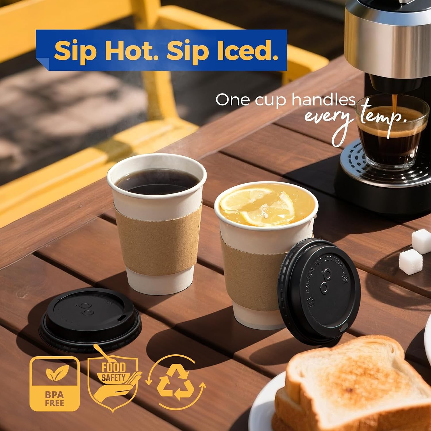 50 Pack Disposable Coffee Cups with Lids Sleeves Leak Proof 12 oz Meal Prep
