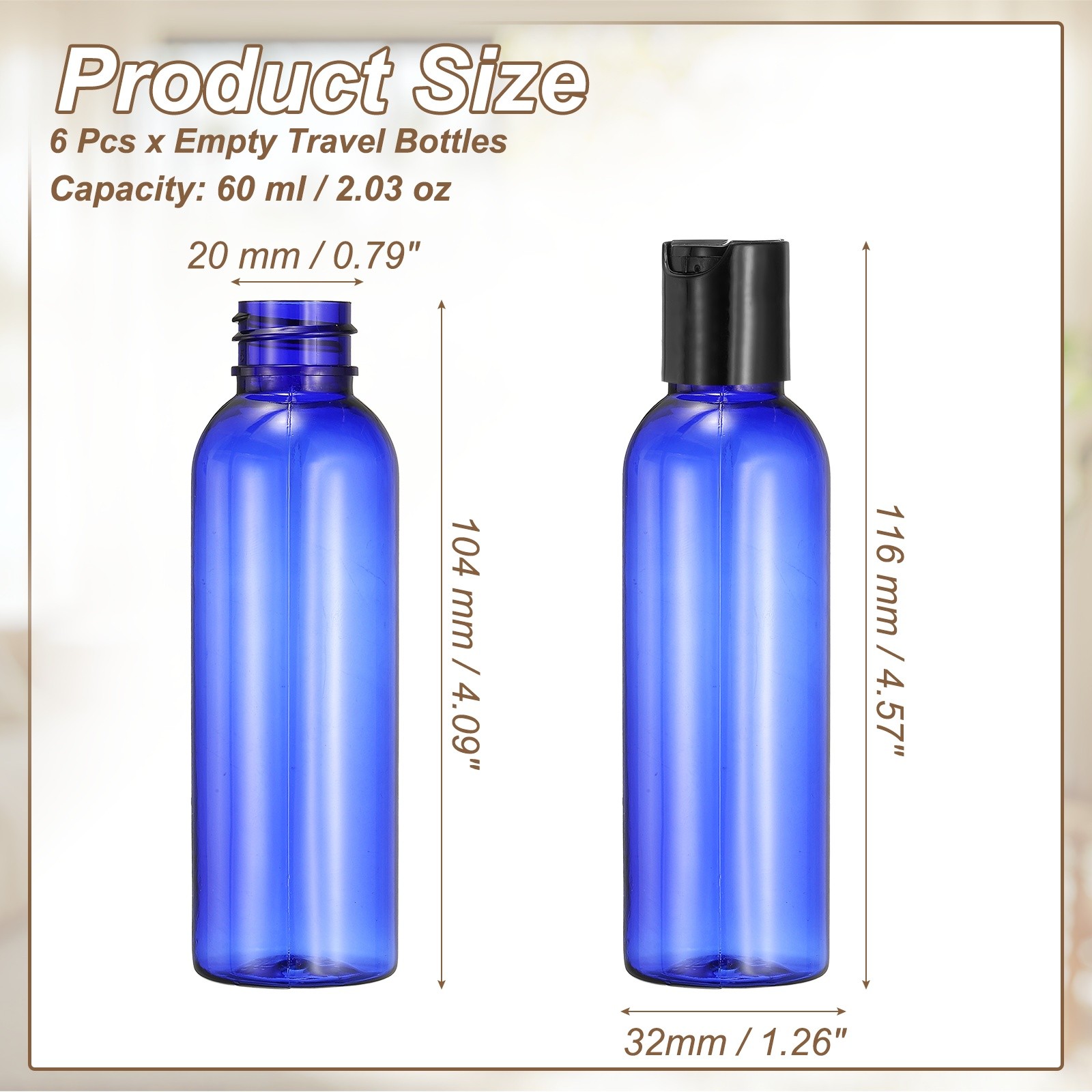 6Pcs 2oz Plastic Travel Bottles, Empty Bottles with Black Top Caps, Blue