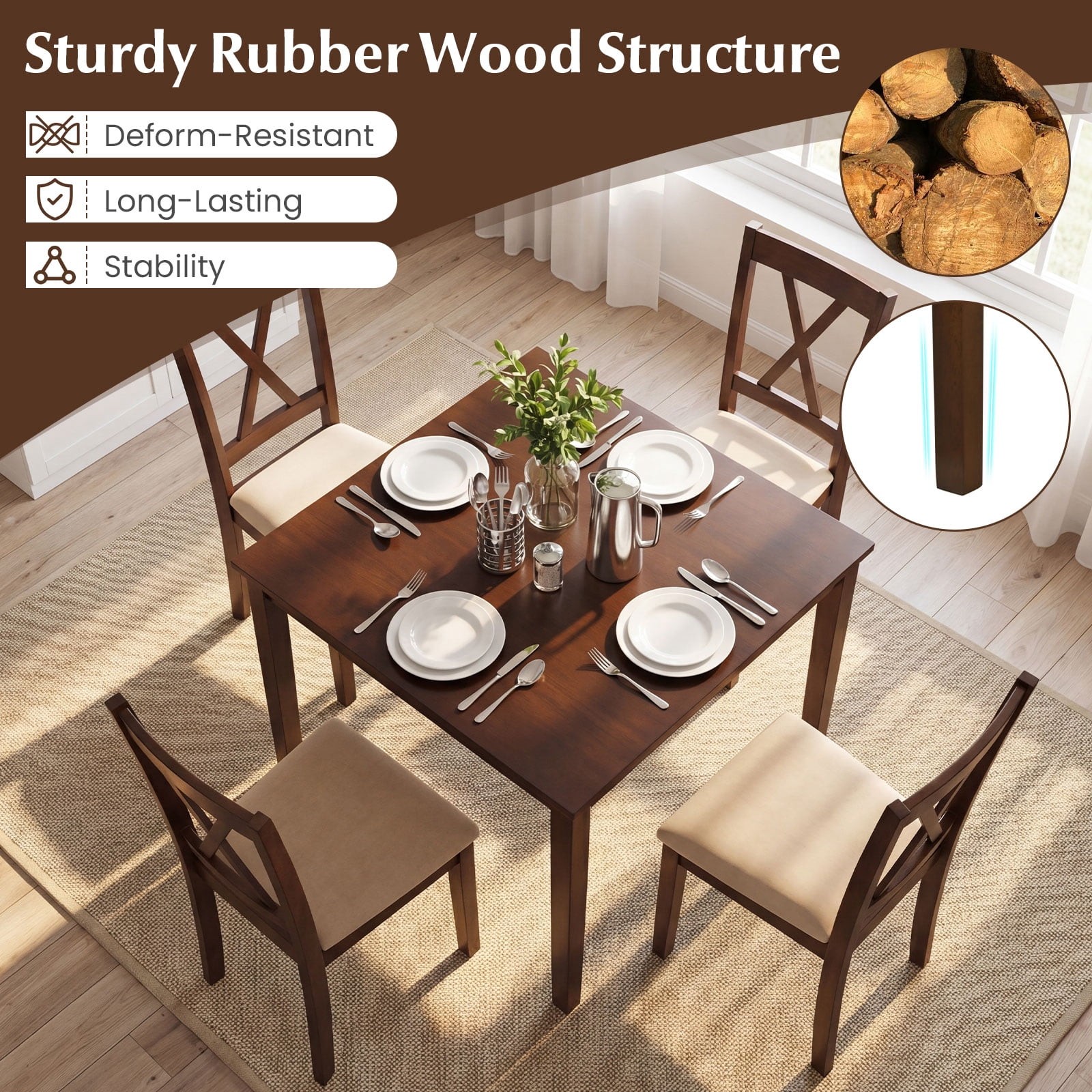 5-Piece Dining Table Set for 4 Square Kitchen Table 4 Armless Cushioned Chairs
